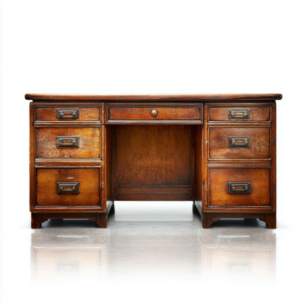 Bureau en bois brun avec sept tiroirs, structure rectangulaire