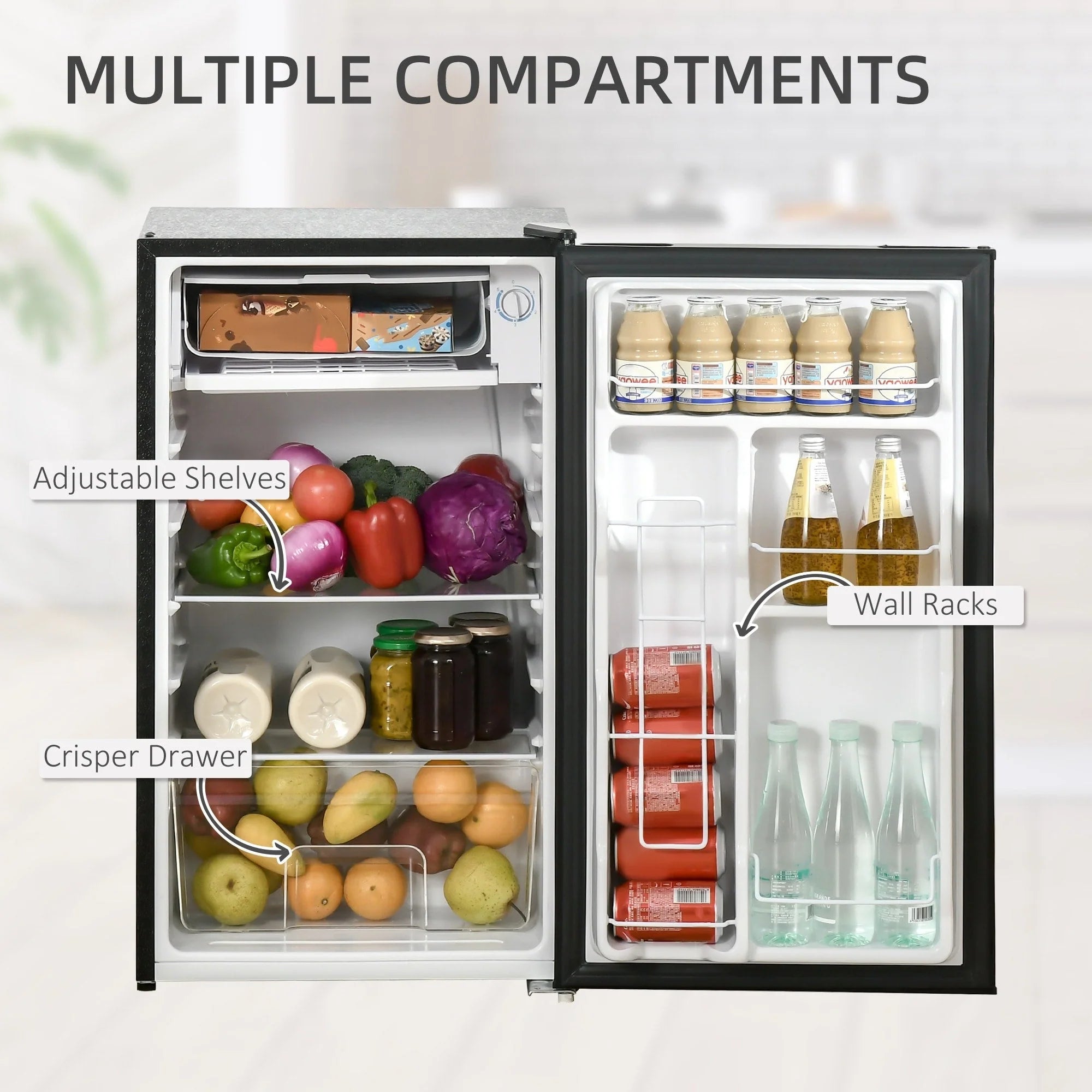HOMCOM 3.2 Cu.Ft Mini Fridge with Freezer, Single Door Compact Refrigerator with Adjustable Thermostat for Bedroom