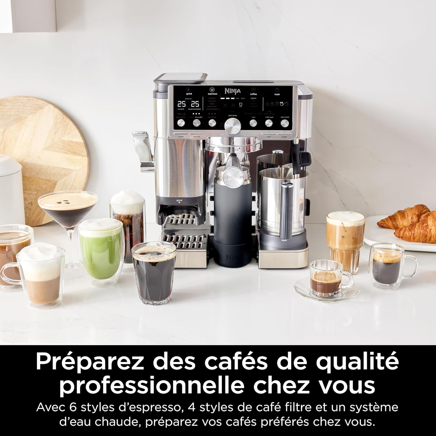 NINJA Machine à café Luxe Essential 2-en-1, Latte, Cappuccino et Espresso avec broyeur à grains et mousseur à lait intégrés, facile à utiliser, 2 préréglages mousse, argent, ES501EU