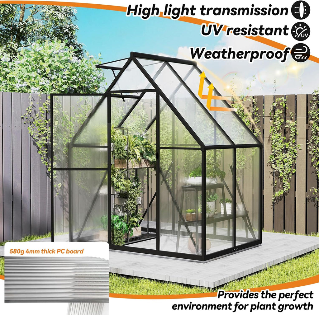 Froadp serre de jardin en aluminium avec fondation, 125 × 180 × 195 cm, polycarbonate 4 mm, résistante aux intempéries, avec fenêtres