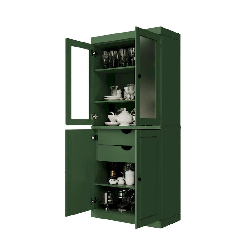 100% Solid Wood Pantry Cabinet with Frosted Glass Doors, Solid Doors, 2-Drawers and Adjustable Shelves