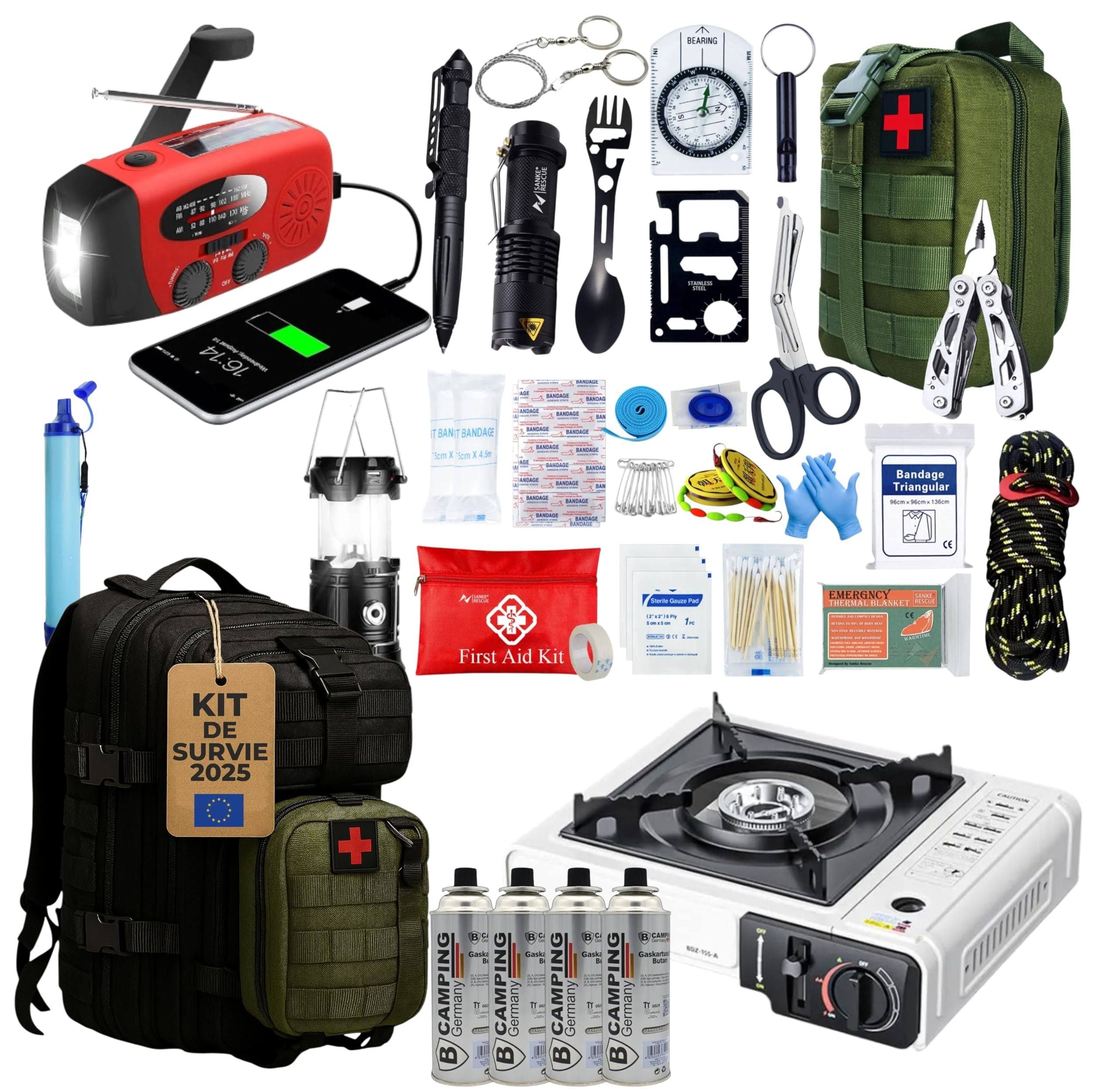 Kit de survie complet UE 2025, sac à dos de survie 72 heures de gaz de camping portable, kit de survie en cas de catastrophe, kit tactique avec