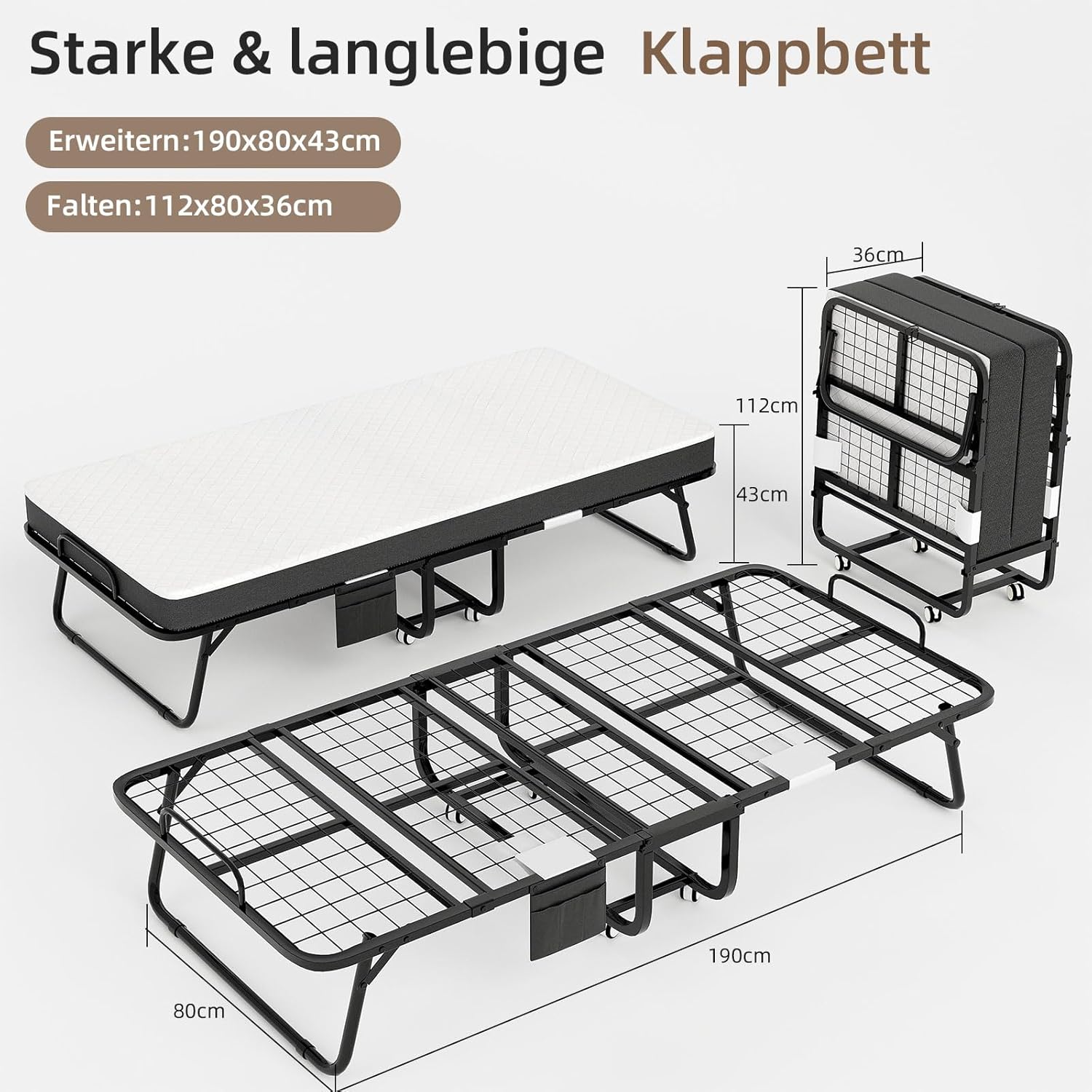 CAIYUN lit pliant 1 personne 80 × 190 cm avec matelas mousse 13 cm, sommier à lattes métal, 4 roulettes, charge 200 kg