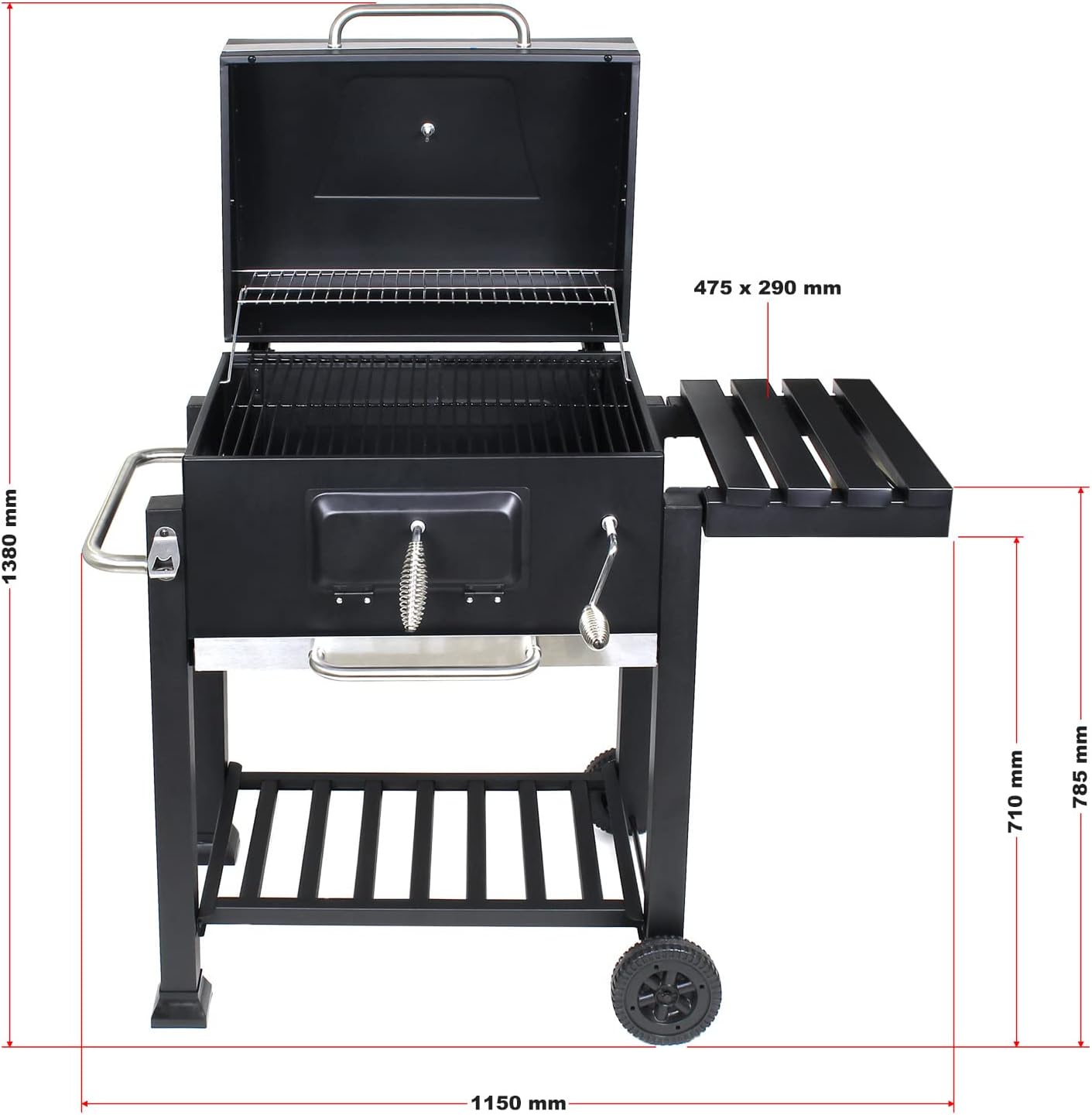 Wiltec Chariot Barbecue à Charbon 1130x475x 1000mm Clapet anti-feu Hauteur réglable Thermomètre Espaces rangement Ouvre-bouteille Grillade Jardin BBQ