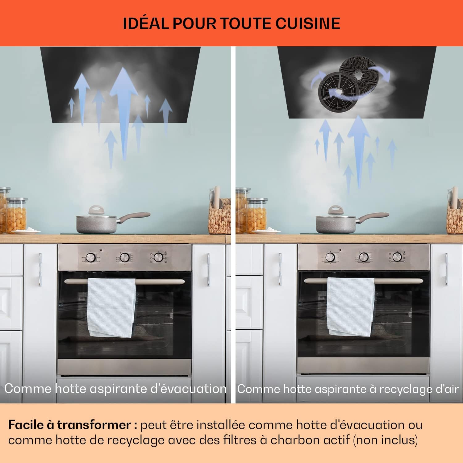 Klarstein Remy Brilliant Edition - Hotte îlot, 618 m³/h, 230 W, télécommande, lampe LED: 3 niveaux de luminosité jusqu'à 6500 Kelvin, filtre à graisse, extraction et recyclage d'air - 90 cm, argent