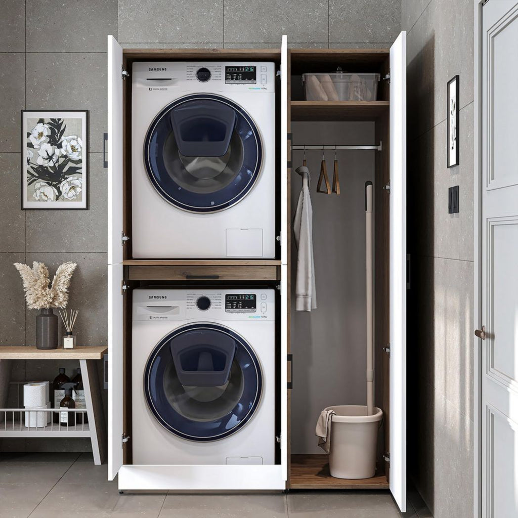 ROOMART Dora - Meuble pour machine à laver - Pour sèche-linge et machine à laver - En 4 couleurs - Avec portes et panneau coulissant - Blanc - Chêne blanc - Chêne anthracite - Chêne blanc (chêne blanc)