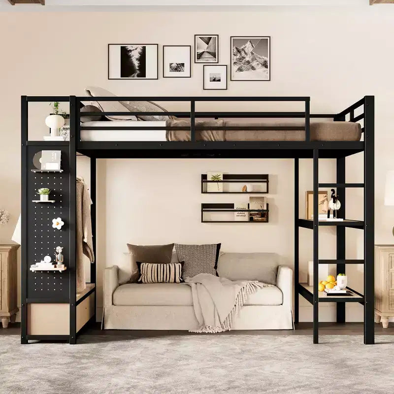 Full/Queen Size Metal Loft Bed Frame, All-In-One with Wardrobe, Storage Shelves & Pegboard, Black - ModernLuxe