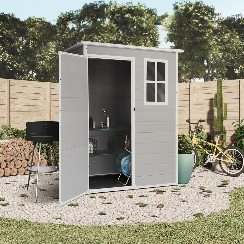 WASABI Abri de Jardin en Résine Unit 1.4 - Assemblage Simple - Fenêtre à lumière du Jour - Panneaux de 12mm d'épaisseur - Plancher Inclus - Blanc Gris - Cabane de Stockage extérieur en PVC 1,37m2