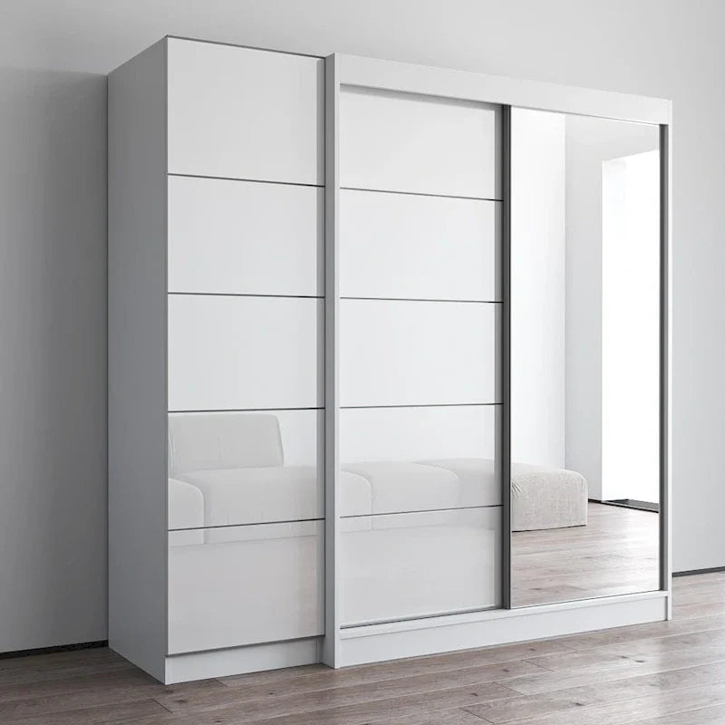 2-Door Wardrobe with Mirror, Glass Front, 2-Person (Gray / Black / White)
