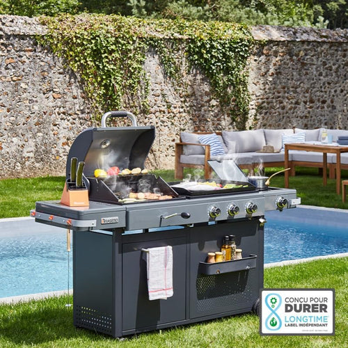 - Barbecue Bi-Energy Gun Metal XL - Barbecue Charbon et Plancha 60 x 42 cm à gaz avec brûleur latéral -12,95 KW