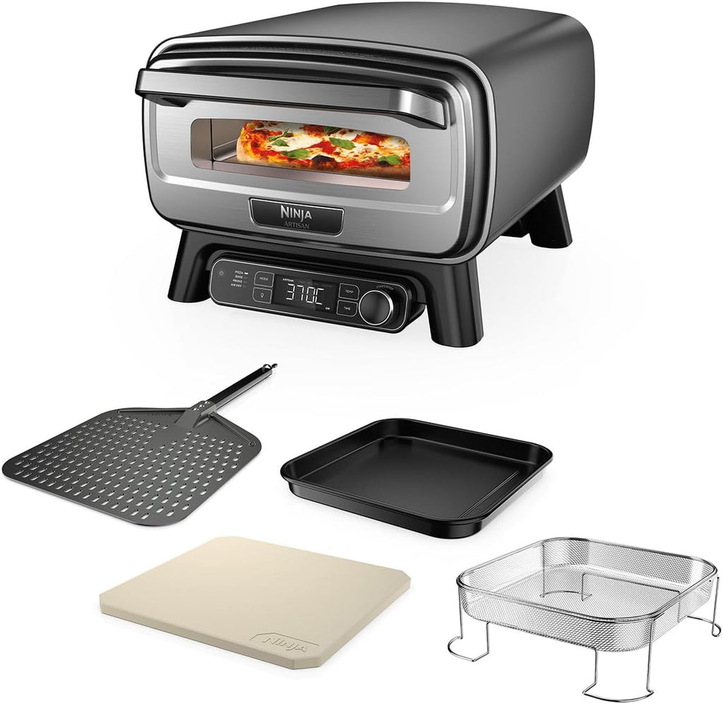 Ninja Artisan Four à pizza et friteuse sans huile électrique d’extérieur, avec 4 modes : Pizza, Frire sans huile, Cuire au four, Faire lever, Avec pierre, pelle, plateau, panier Crousti, Gris MO201EU