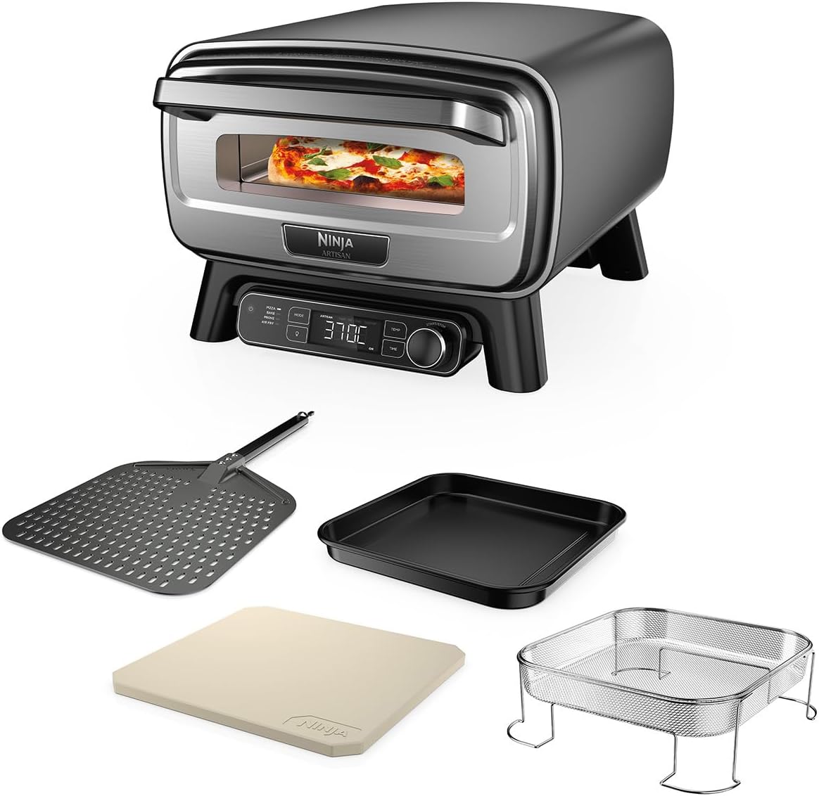 Ninja Artisan Four à pizza et friteuse sans huile électrique d’extérieur, avec 4 modes : Pizza, Frire sans huile, Cuire au four, Faire lever, Avec pierre, pelle, plateau, panier Crousti, Gris MO201EU