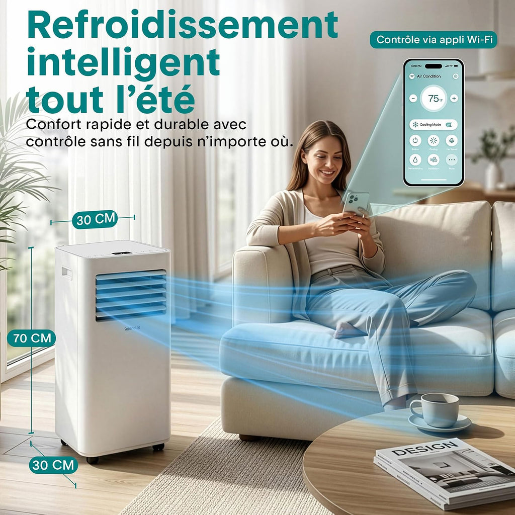 SereneLife Climatiseur Portable 9 000 BTU – Clim Mobile Compact 3 en 1, Refroidissement, Ventilation, Déshumidificateur, Unité de Climatisation Économe avec Télécommande, Roulettes, Kit Fenêtre