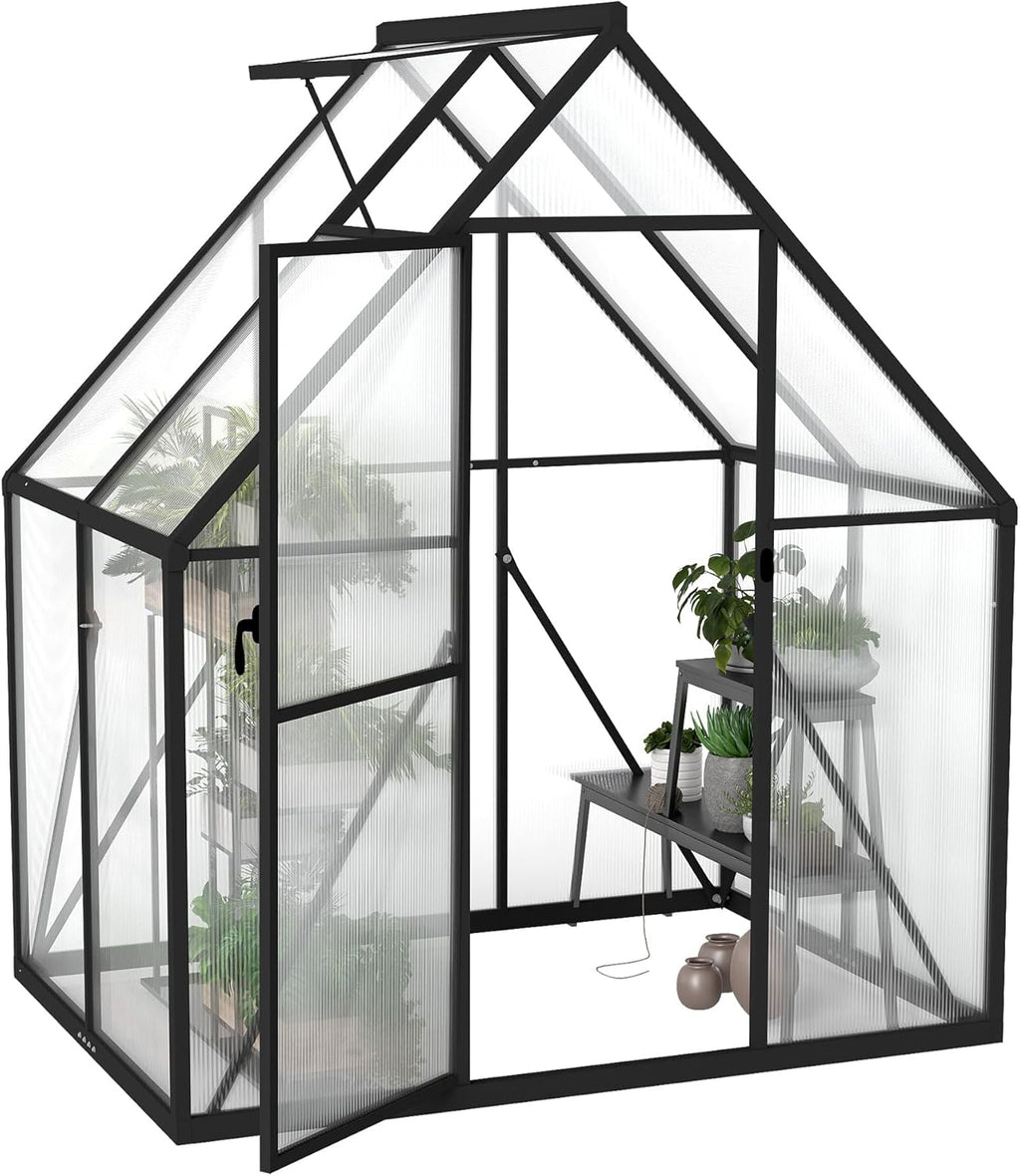 Froadp serre de jardin en aluminium avec fondation, 125 × 180 × 195 cm, polycarbonate 4 mm, résistante aux intempéries, avec fenêtres
