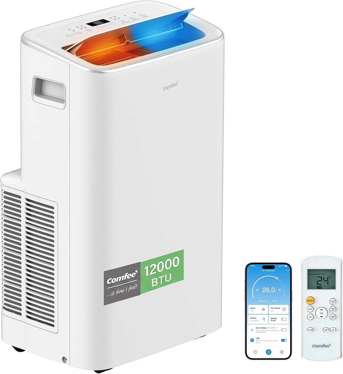 COMFEE Climatiseur Mobile 4-EN-1, Capacité de 12000 BTU/heure, Refroidissement, Ventilation, Chauffage, Déshumidification