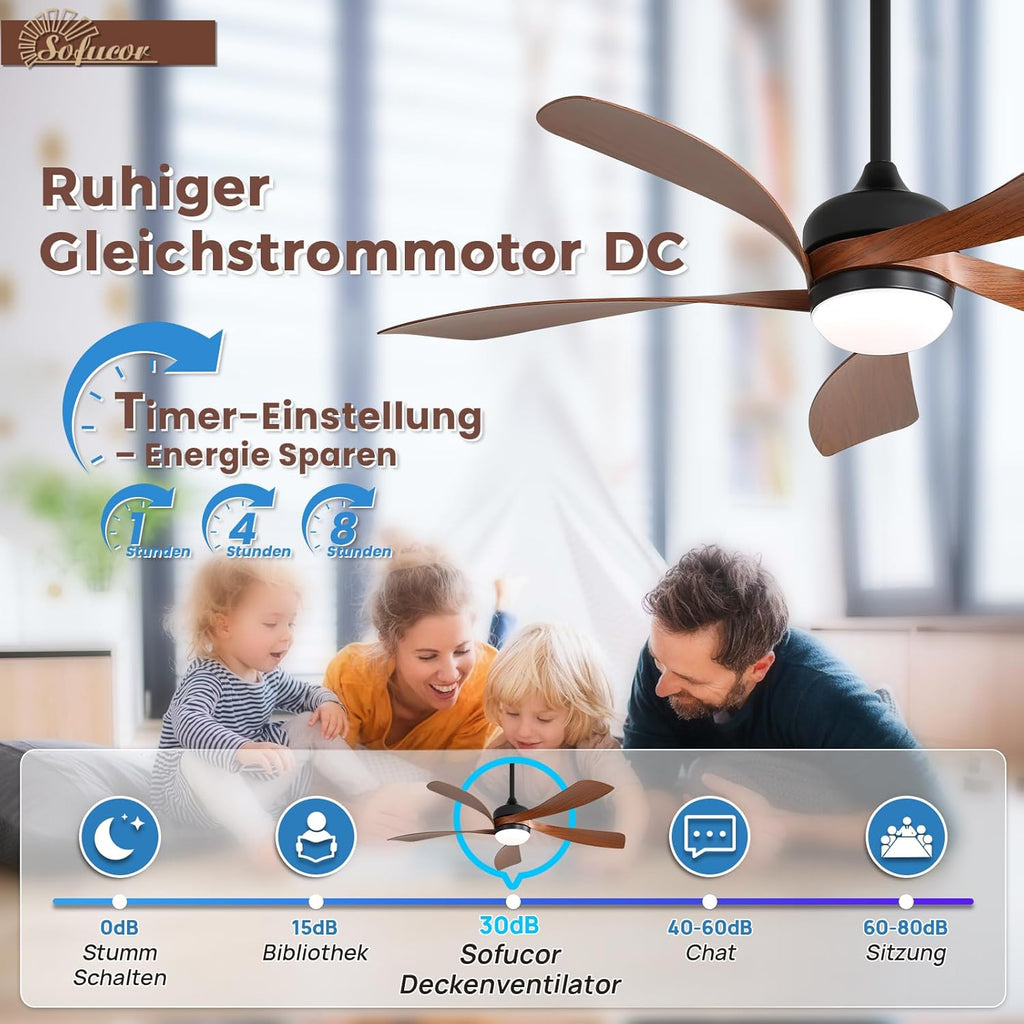 Sofucor Ventilateur Plafond avec Lumiere et Telecommande, 132 cm Dimmable Lampe Ventilateur Plafond LED, 6 Vitesses, DC Silencieux Réversibles, Minuterie, pour Chambre
