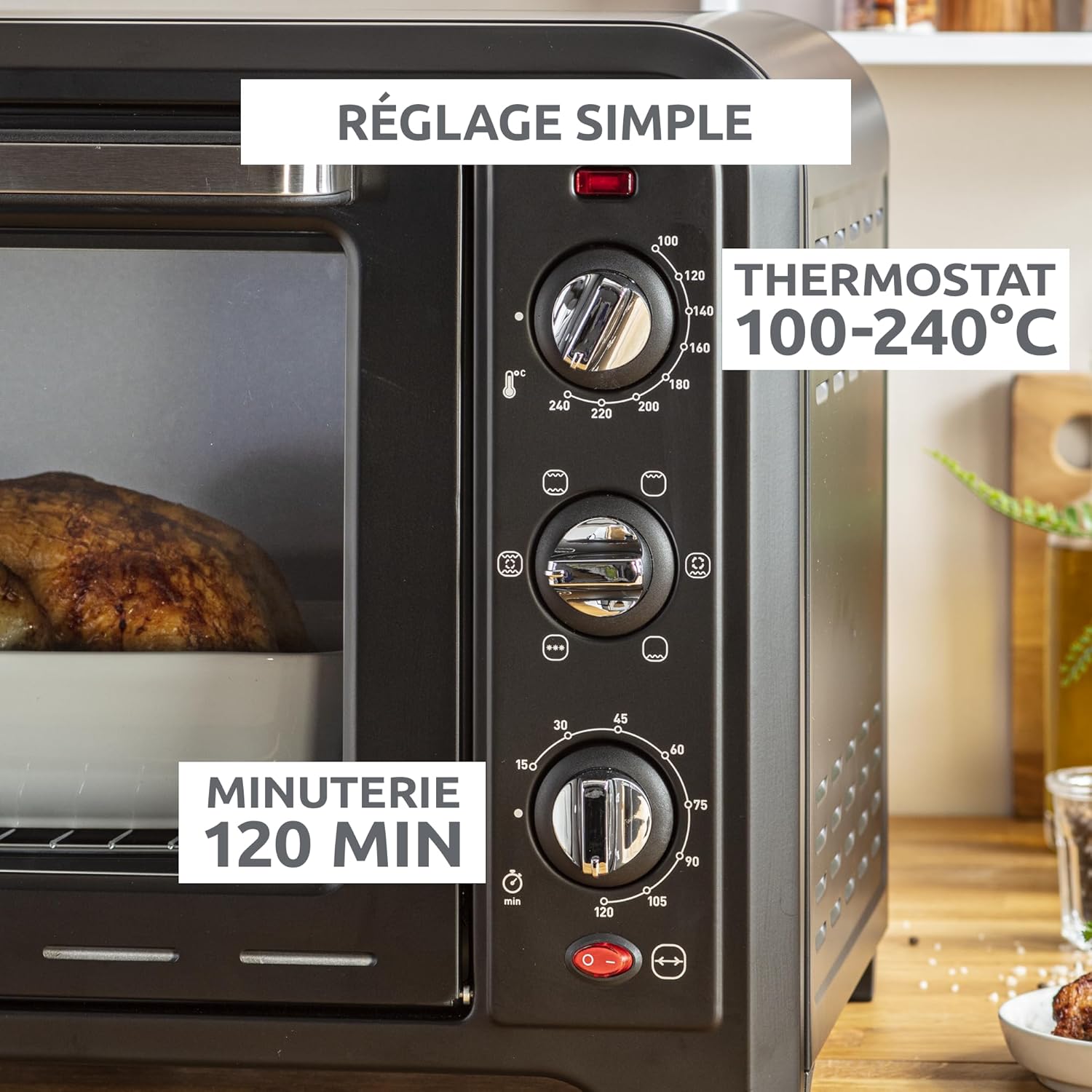 Moulinex Four électrique à chaleur tournante 60 L, 7 modes de cuisson, Tournebroche, Thermostat réglable jusqu’à 240 °C, Timer 120 minutes, 2 grilles réversibles, Optimo, Noir OX495810