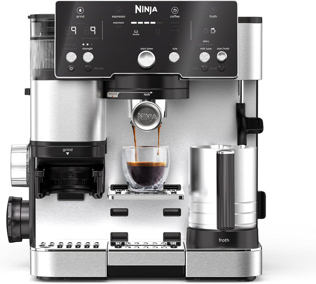 NINJA Machine à café Luxe Essential 2-en-1, Latte, Cappuccino et Espresso avec broyeur à grains et mousseur à lait intégrés, facile à utiliser, 2 préréglages mousse, argent, ES501EU