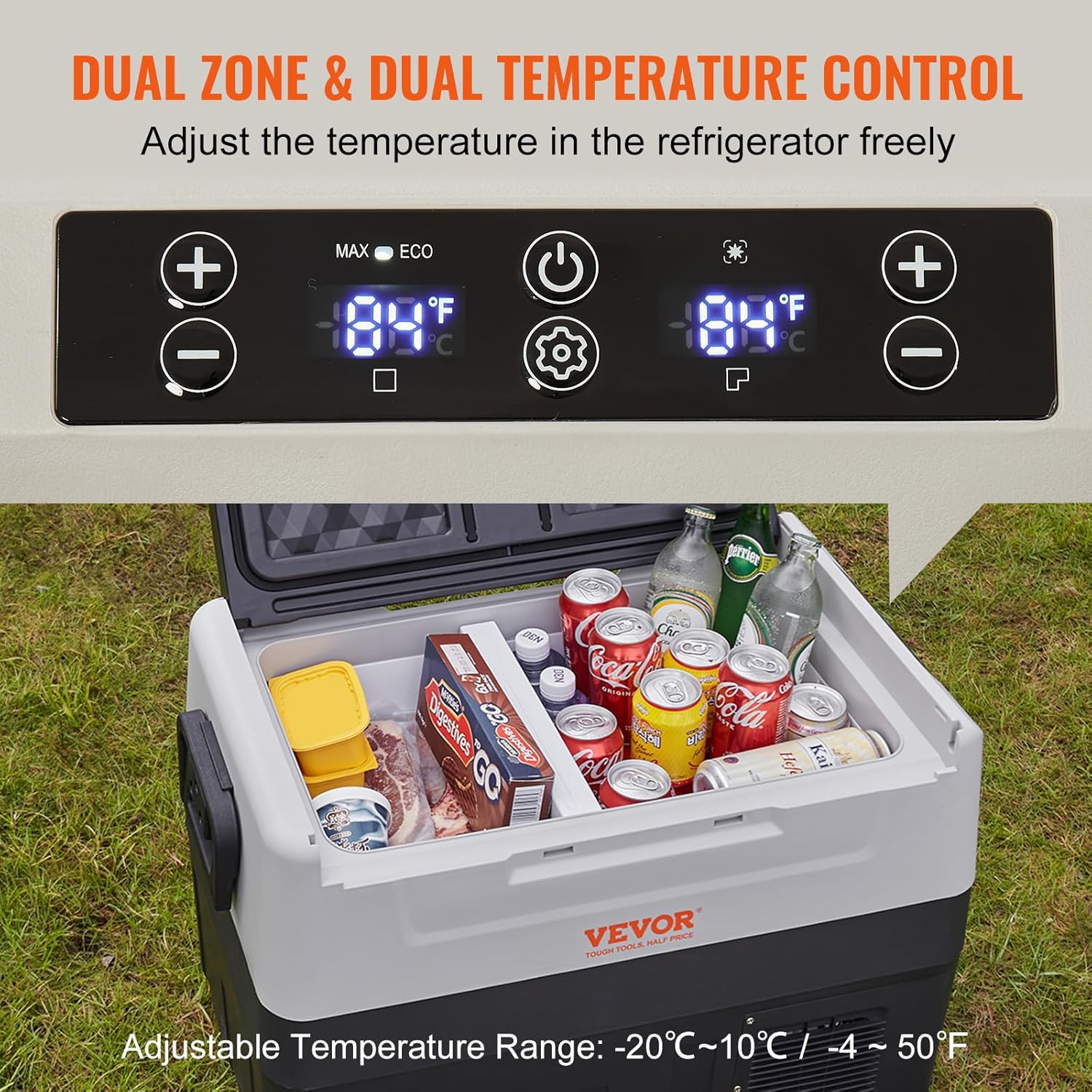 VEVOR Glacière Électrique Portable de 55 L Réfrigérateur de Voiture Portable 12/24 V CC 100-240 V CA Frigo Voiture Double Zone 0,6 kW.h -20 °C à 10 °C Réglable Congélateur pour Camion Bateau Camping