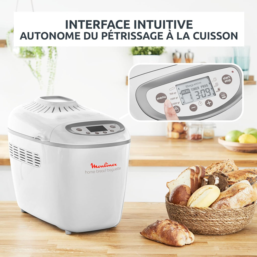 Moulinex Home Bread Baguette Machine à petits pains, 16 programmes, Résultats homogènes, Jusqu'à 1,5 kg de pain frais, Plaques croustillants, 3 niveaux de dorage OW610110, Blanc