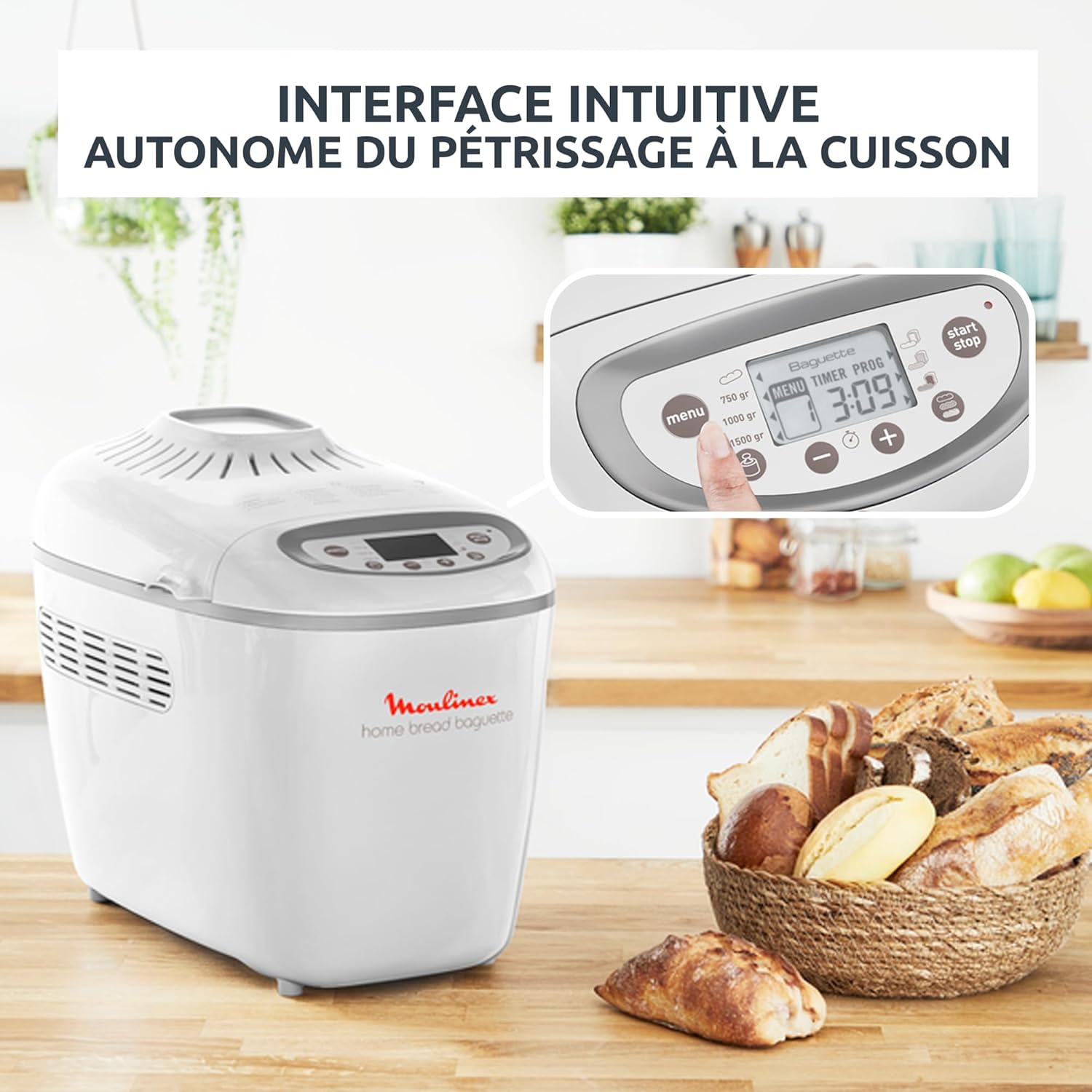 Moulinex Home Bread Baguette Machine à petits pains, 16 programmes, Résultats homogènes, Jusqu'à 1,5 kg de pain frais, Plaques croustillants, 3 niveaux de dorage OW610110, Blanc