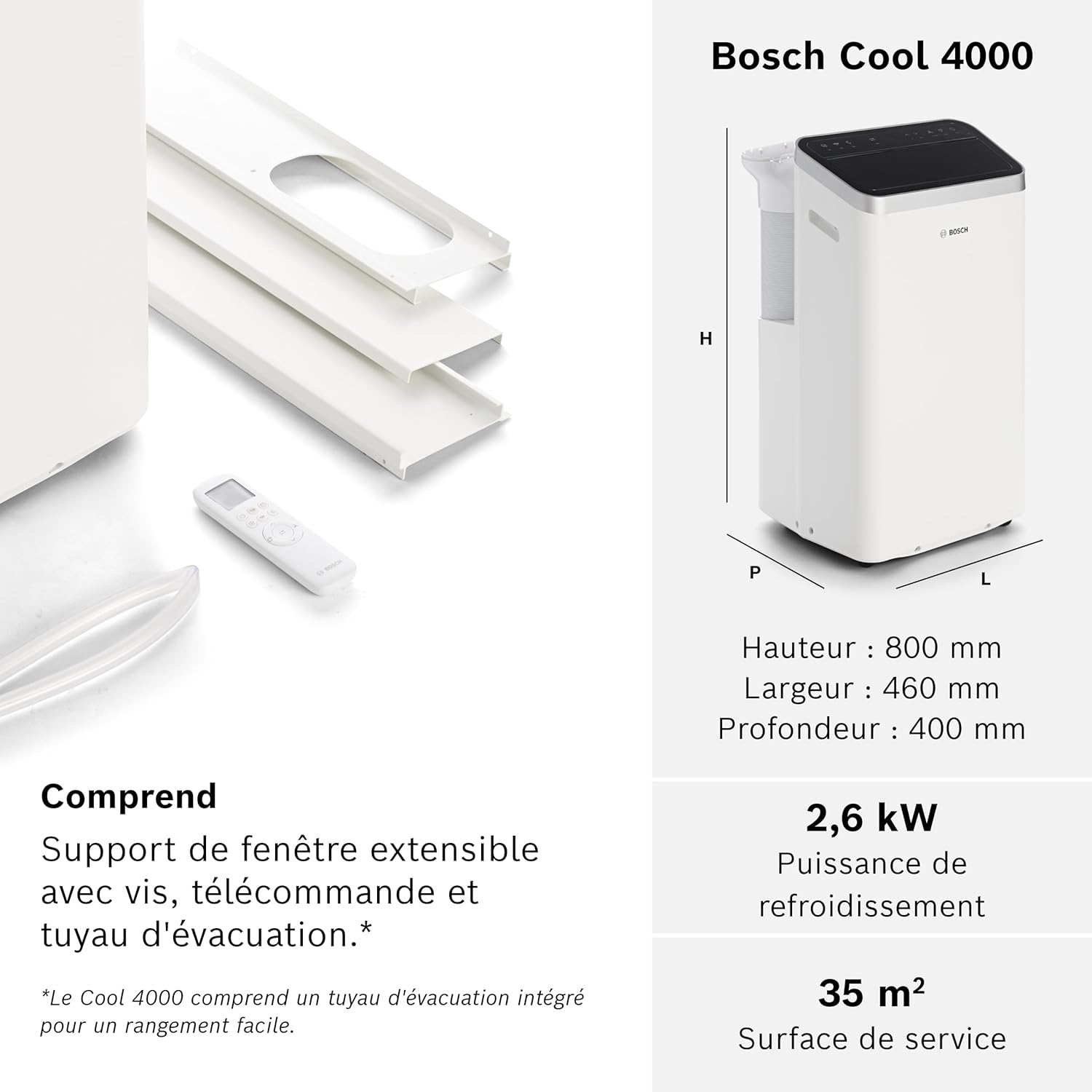 Bosch Cool 4000 Portable AC - 3 en 1 Climatiseur, Déshumidificateur, Ventilateur - 2,6 kW pour les pièces jusqu'à 35m² - Avec Mode Auto, Mode Silencieux et Mode Veille (48 db (A)) Classe A+]