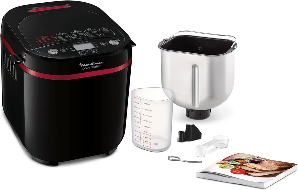 Moulinex Pain Plaisir Machine à pain, 1 Kg, 720W, 17 programmes, Programme sans gluten, Pain maison, Pizza, Départ différé 15 heures, 3 niveaux de dorage, OW220830 Noir