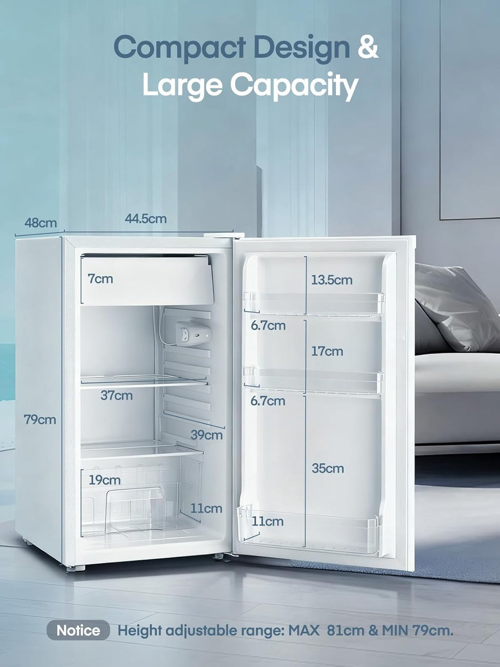 FOHERE Petit Frigo avec Congélateur de 91L, Réfrigérateur à une porte, Bac à Légumes, Thermostat Réglable, Silencieux, Petit Frigo de Bureau, Porte Réversible, Dortoir, Chambre, Blanc