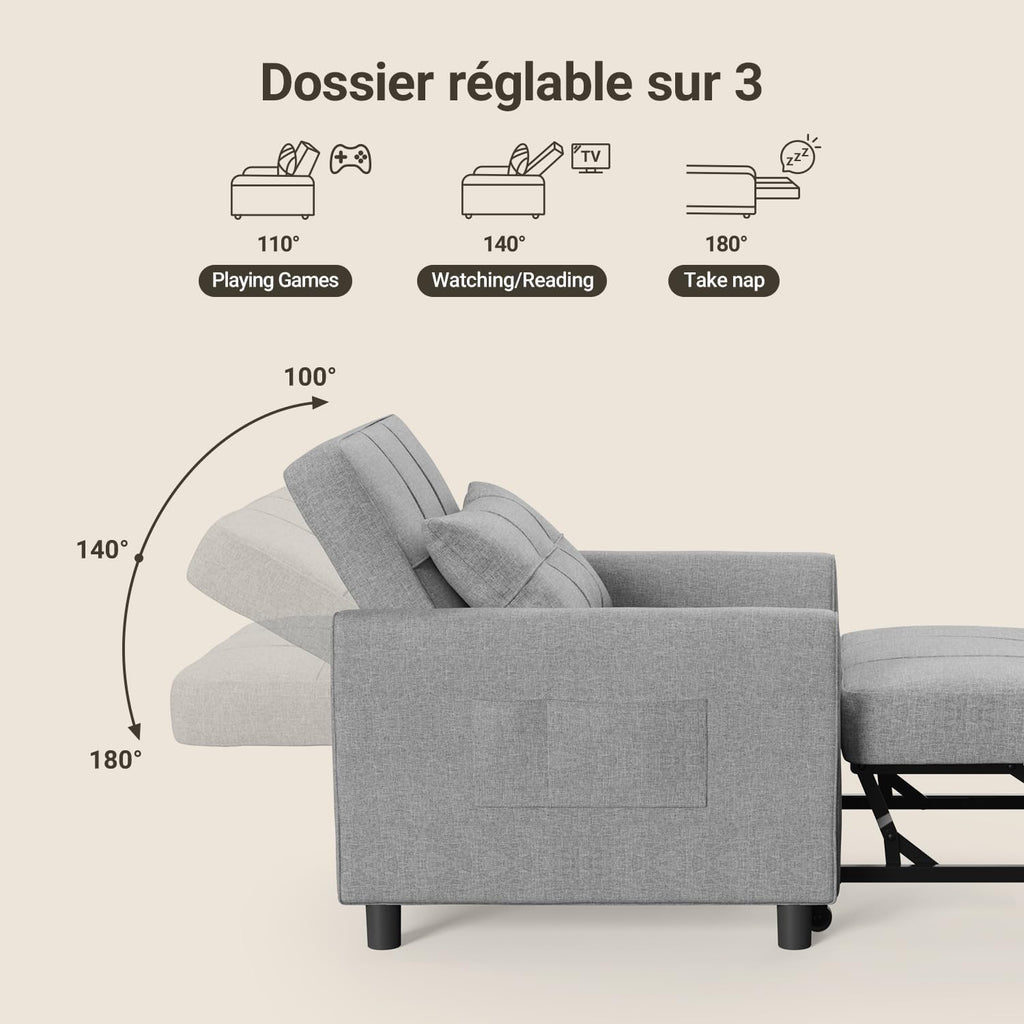 Xbro Fauteuil-lit 3 en 1 Convertible 1 Place, Fauteuil-lit avec Fonction Lit, Canapé-lit Réglable avec Coussin et Sac, Fauteuil avec Fonction Lit pour Petit Appartement (Gris Clair)