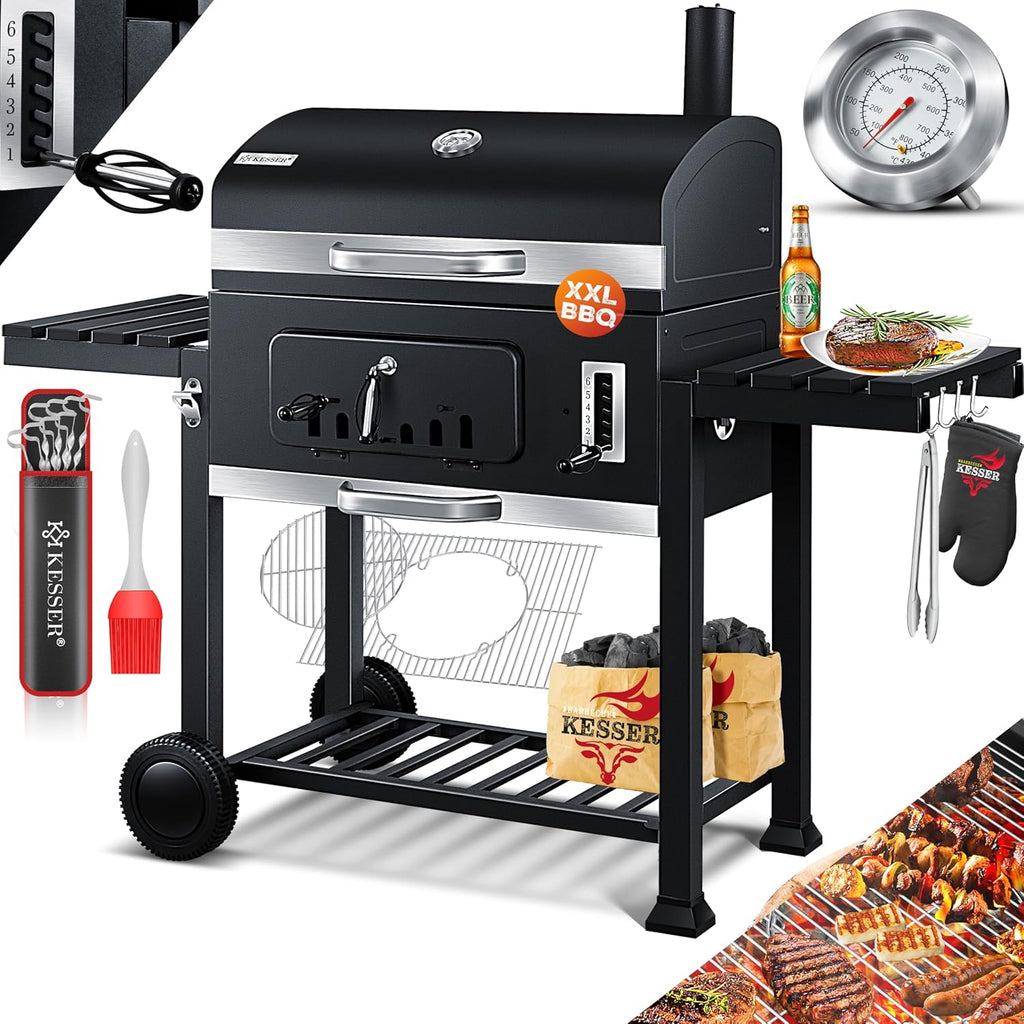 KESSER® Chariot à Barbecue , Grill XXL à Charbon de Bois avec Couvercle, Roues, poignée en Acier Inoxydable, Grille et thermomètre , Grand Barbecue au Charbon de Bois