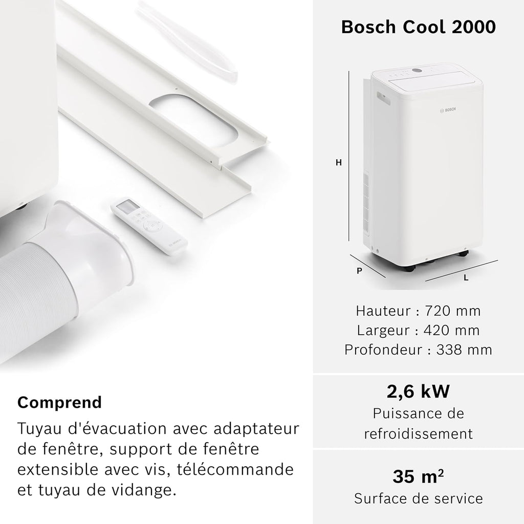 Bosch Cool 2000 Portable AC - 3 en 1 Climatiseur, Déshumidificateur, Ventilateur - 2,6 kW pour les pièces jusqu'à 35m² - Avec Mode Auto, Mode Silencieux et Mode Veille (46 db (A)) [Classe A]