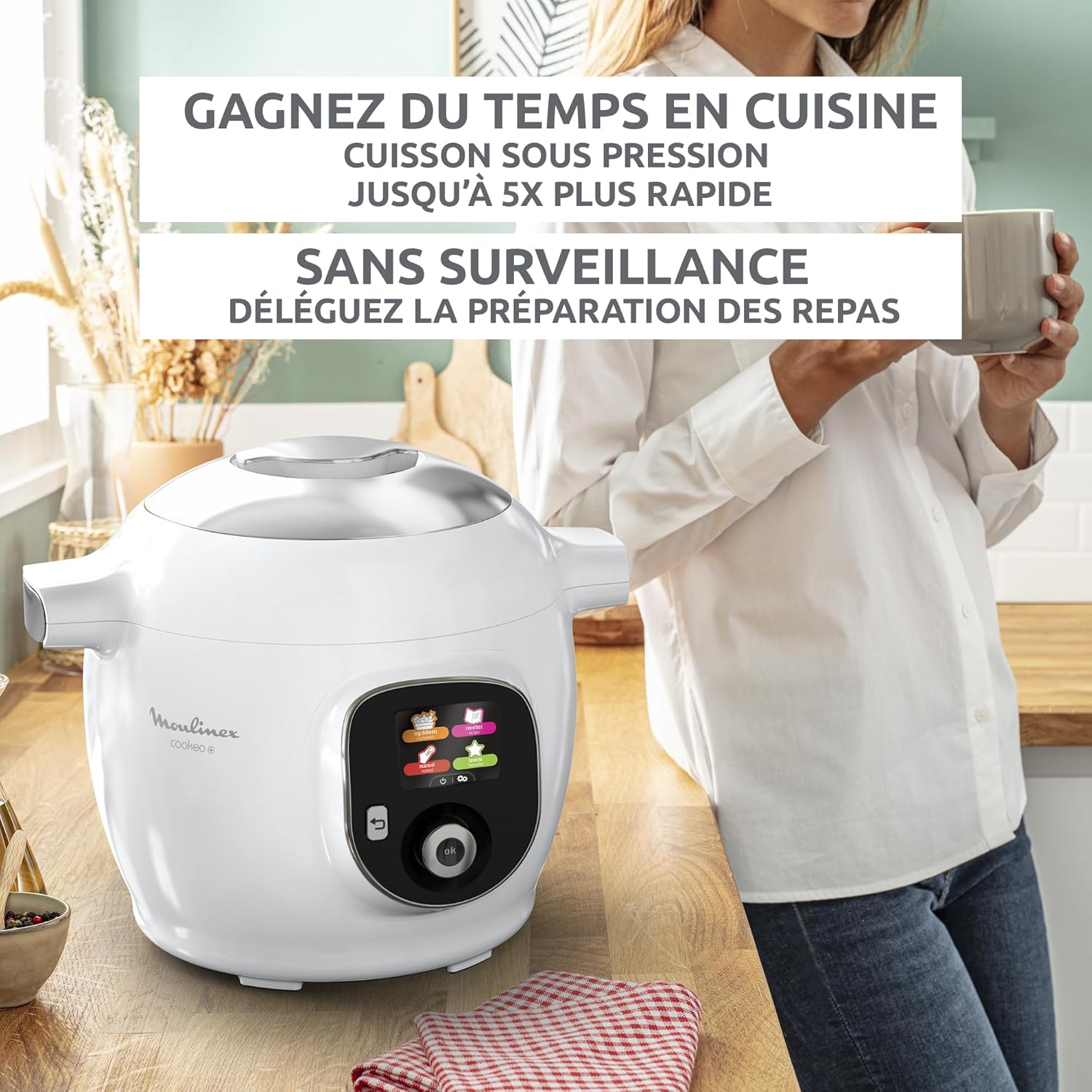 Moulinex, Cookeo Multicuiseur intelligent 6L, 80 recettes intégrées, Cuisson sans surveillance, Ecran intuitif, Guide de cuisson, Application MyMoulinex, 1600W, Blanc, 15 ans réparabilité CE854110
