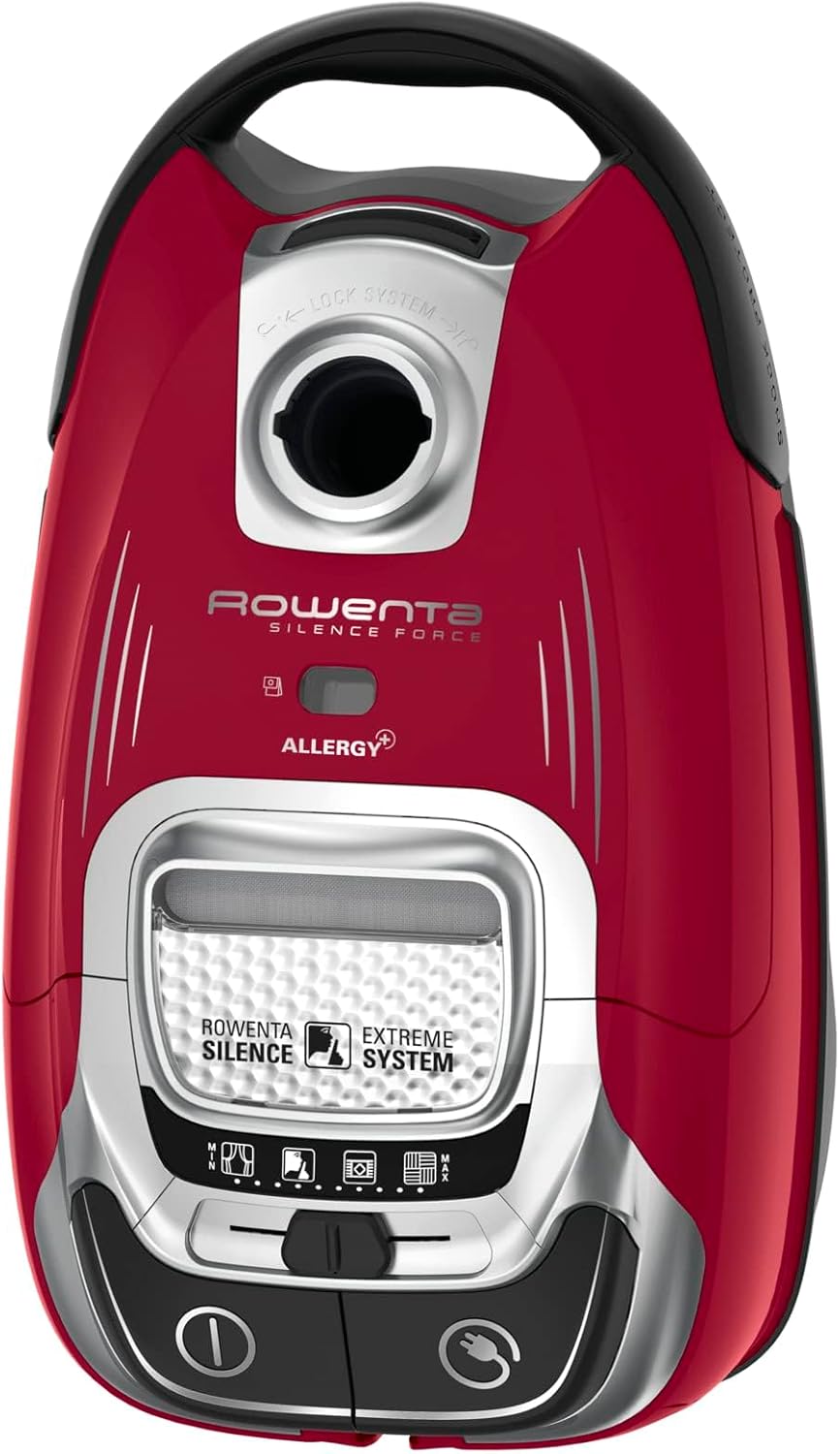 Rowenta Aspirateur avec sac, Silencieux, Performant, Basse consommation d’énergie, Haute filtration, Capacité 4,5 L, Accessoires poils d'animaux, Fabriqué en France, Silence Force, Rouge RO7473EA