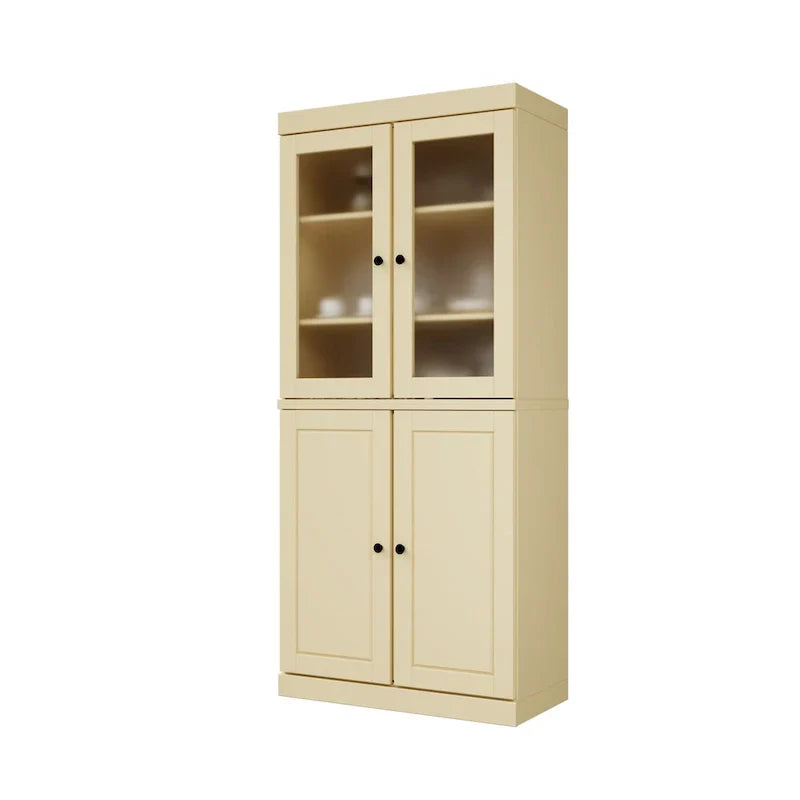 100% Solid Wood Pantry Cabinet with Frosted Glass Doors, Solid Doors, 2-Drawers and Adjustable Shelves