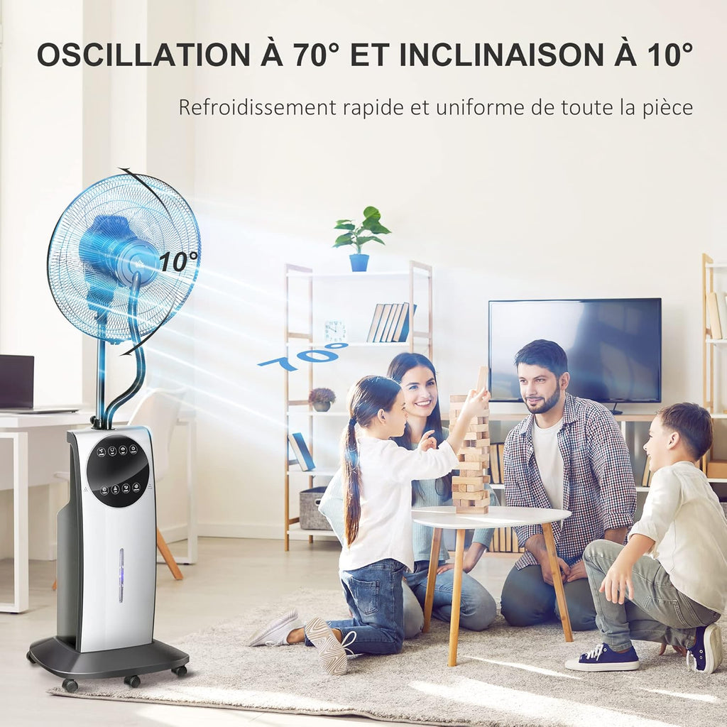 HOMCOM Ventilateur brumisateur silencieux 90 W, ventilateur sur pied 135 cm avec 3 modes 3 vitesses, télécommande, minuterie 12H, oscillation à 70°, écran LED, réservoir d'eau de 3,1L, gris et noir