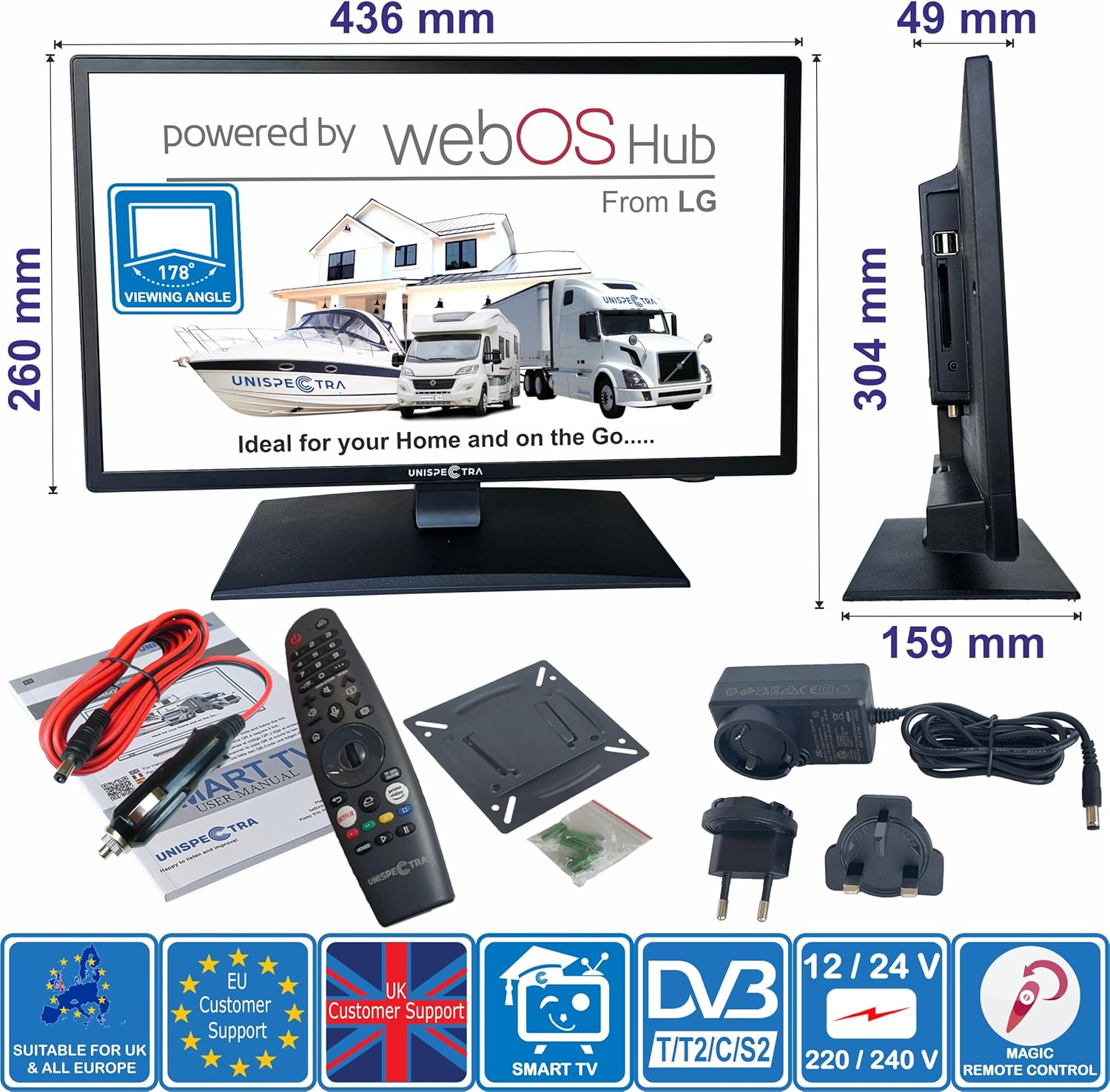 Unispectra ® 19” Smart TV (webOS) avec Télécommande Magique 12v HDR 230v 24v TV TNT et Tuner Sat 3xHDMI 2xUSB. Téléviseurs 12V pour Camping-Cars, caravanes, fourgonnettes, Bateaux
