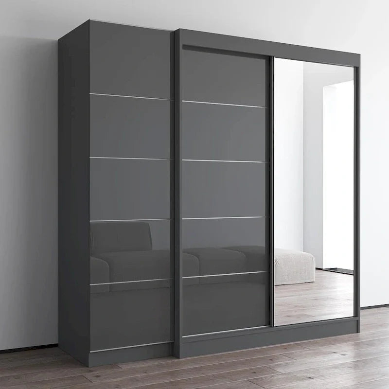 2-Door Wardrobe with Mirror, Glass Front, 2-Person (Gray / Black / White)
