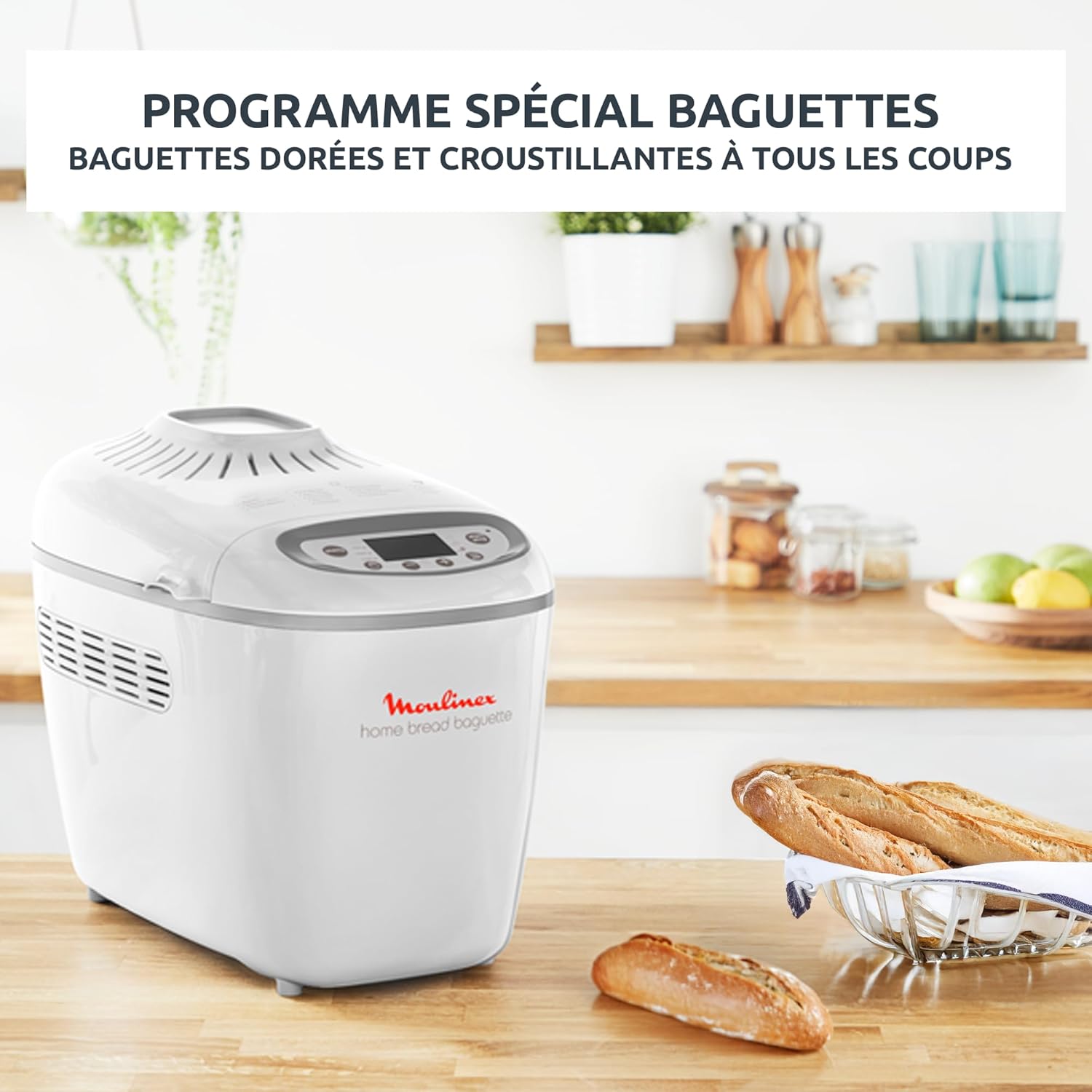 Moulinex Home Bread Baguette Machine à petits pains, 16 programmes, Résultats homogènes, Jusqu'à 1,5 kg de pain frais, Plaques croustillants, 3 niveaux de dorage OW610110, Blanc
