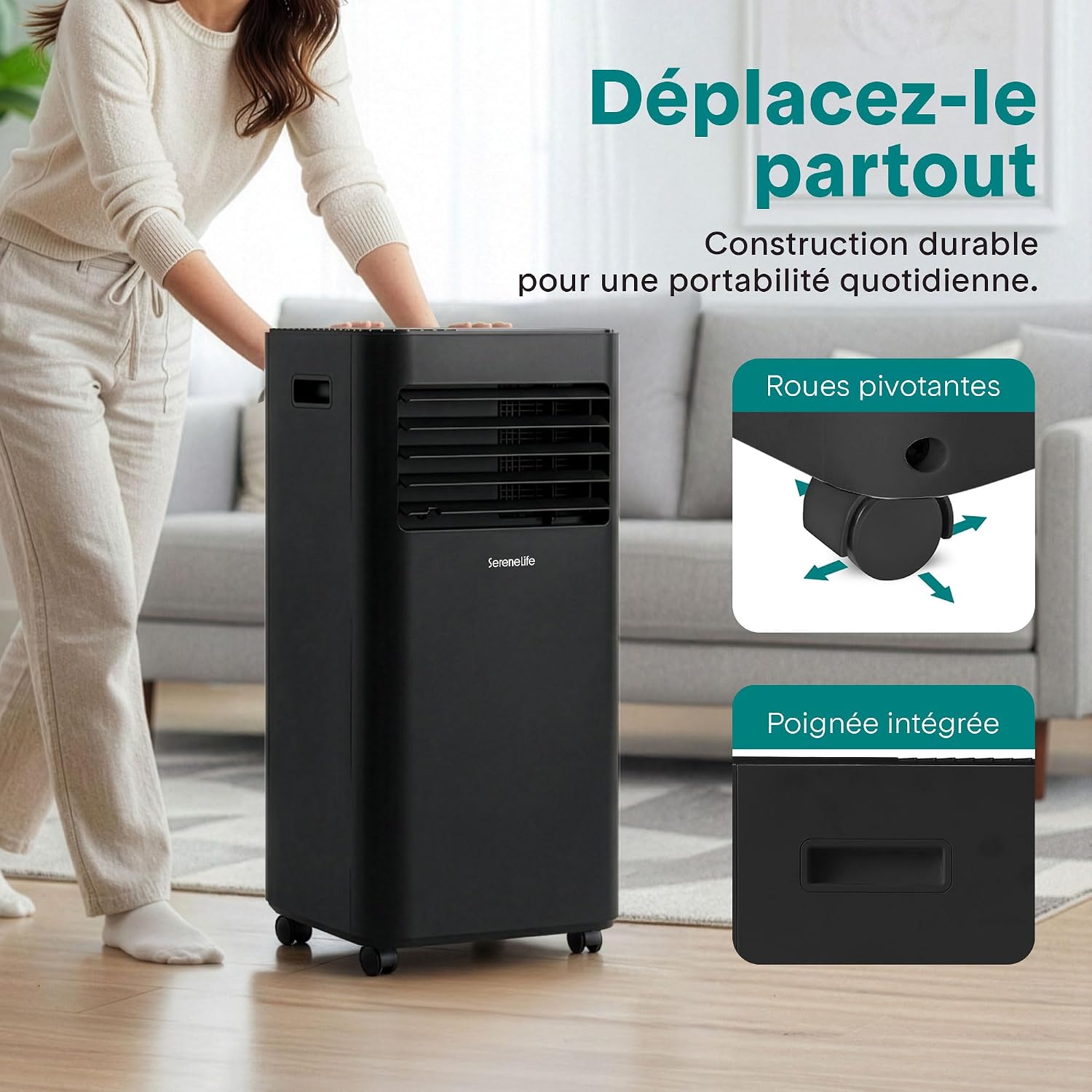 SereneLife Climatiseur Mobile 9000 BTU 2,0 kW – Climatiseur Portable avec Évacuation, 3 en 1 Refroidissement Déshumidificateur Ventilateur, Silencieux 54 dB, Télécommande et Kit Fenêtre