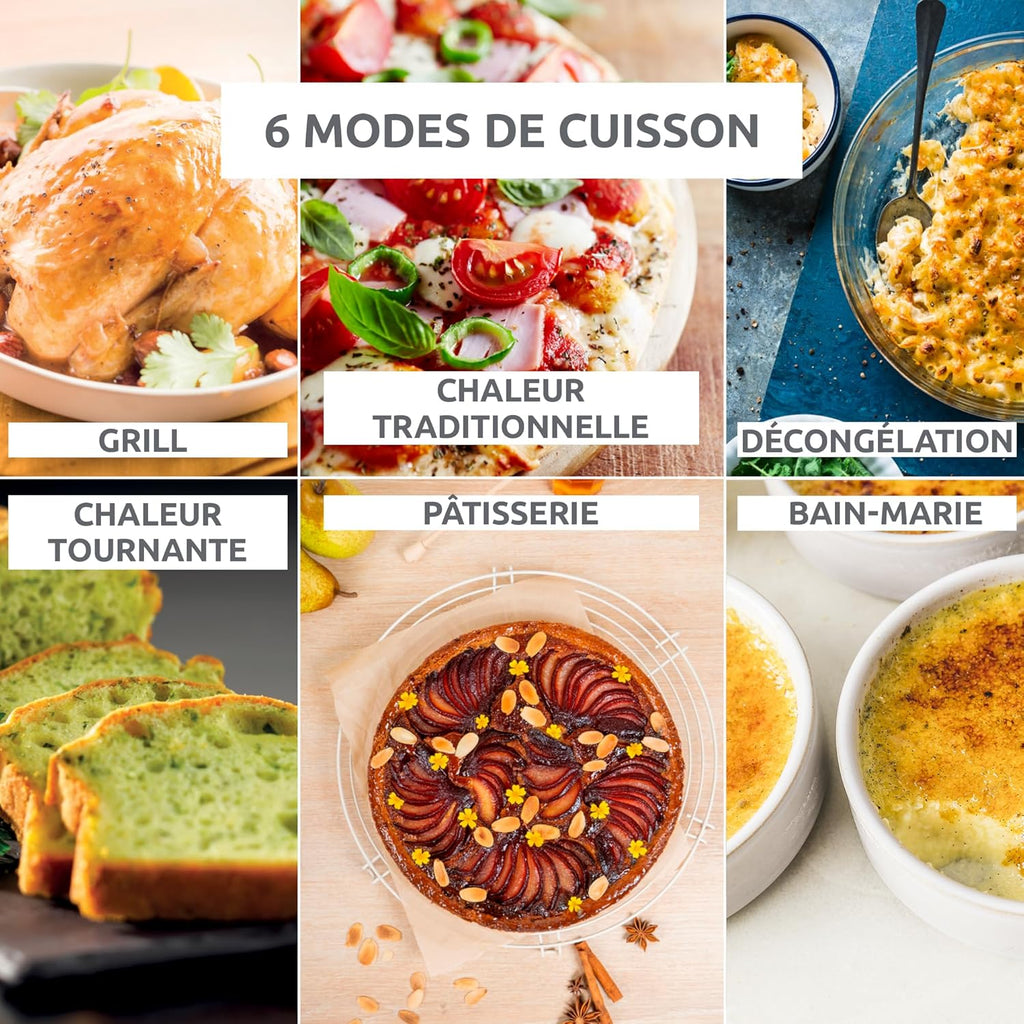 Moulinex Four posable 33 L, Chaleur tournante, Convection de pointe, 6 modes de cuisson, Thermostat réglable jusqu'à 240 °C, Timer 120 min, Grille réversible, Maniques silicone, Optimo Noir OX464811