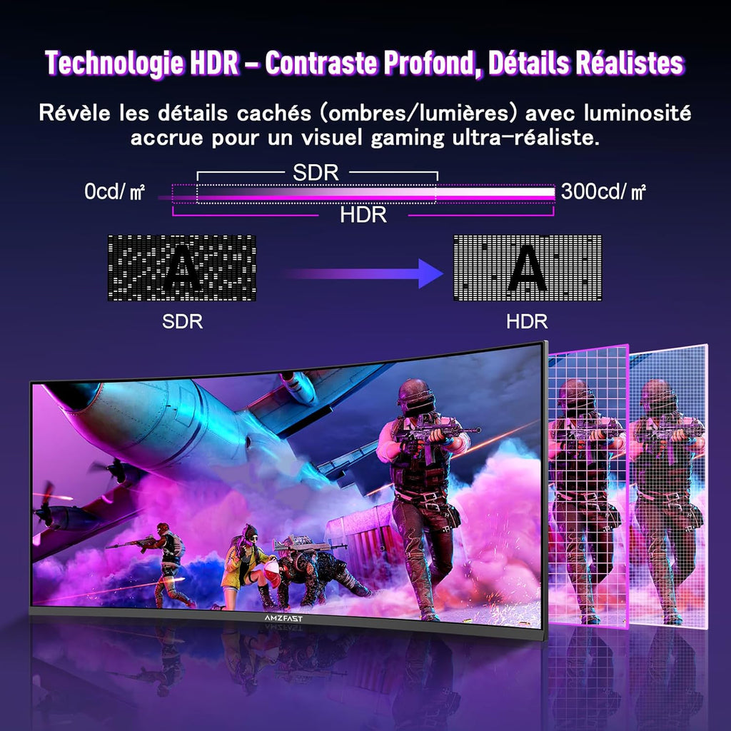 Amzfast Ecran Pc Gamer Incurvé 34 Pouces, 240Hz, UWQHD 3440x1440 (21:9), 1 ms MPRT, Eyes Care, sRGB 130 pour cent, Adaptive Sync, HDR, HDMI 2.1 * 2, DP 1.4 * 2, VESA 75x75, PIP/PBP, AMZG34C5QPro