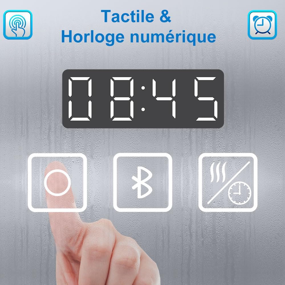 AICA Miroir Salle de Bain rectangulaire 120 x 70cm, Bluetooth + 3 Couleurs + dimmable + grossissant + Horloge + Anti-buée + mémoire, Miroir Lumineux