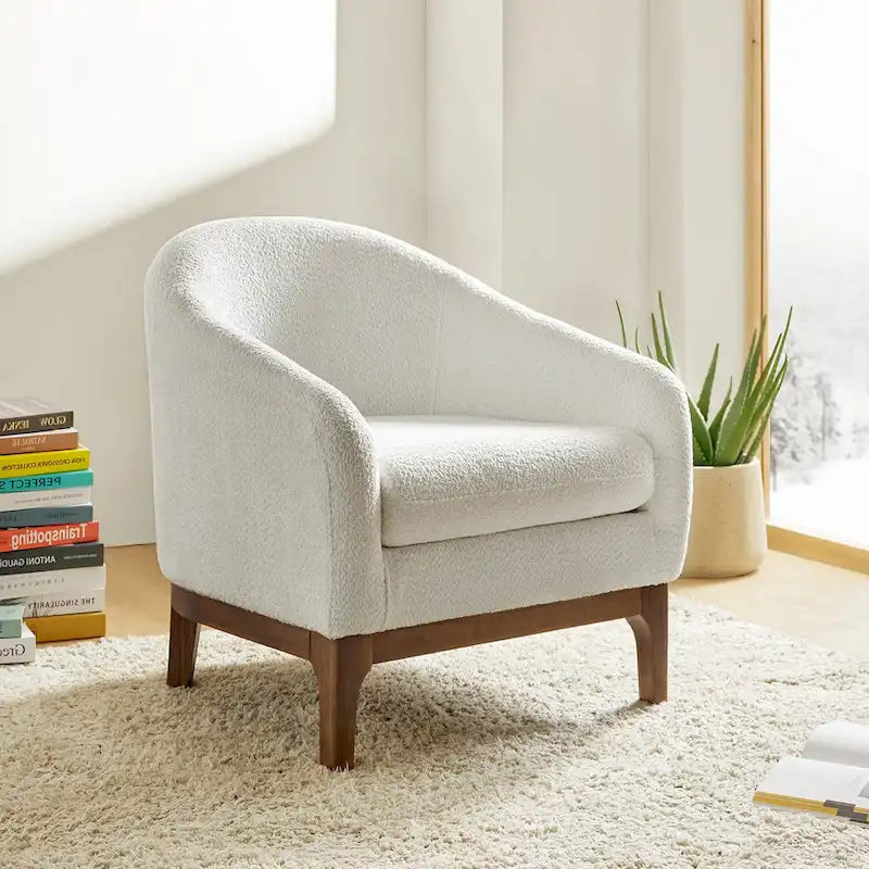 Augus Modern Boucle Accent Barrel Chair with Solid Wood Legs by HULALA HOME