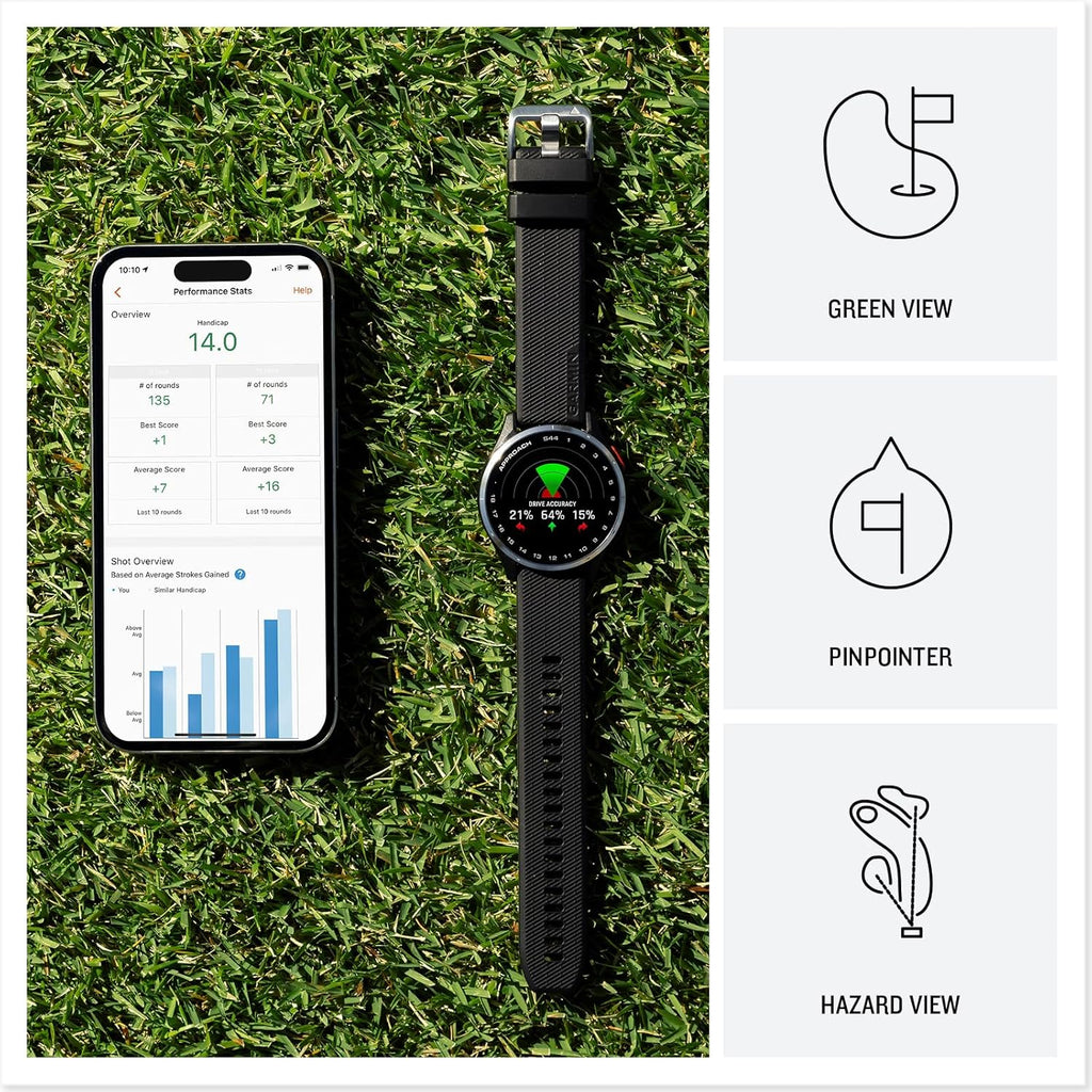 Garmin Approach S44 Essential Golf GPS Smartwatch Écran AMOLED Fonctionnalités sur Le Terrain Lunette en Aluminium argenté avec Bracelet en Silicone Noir