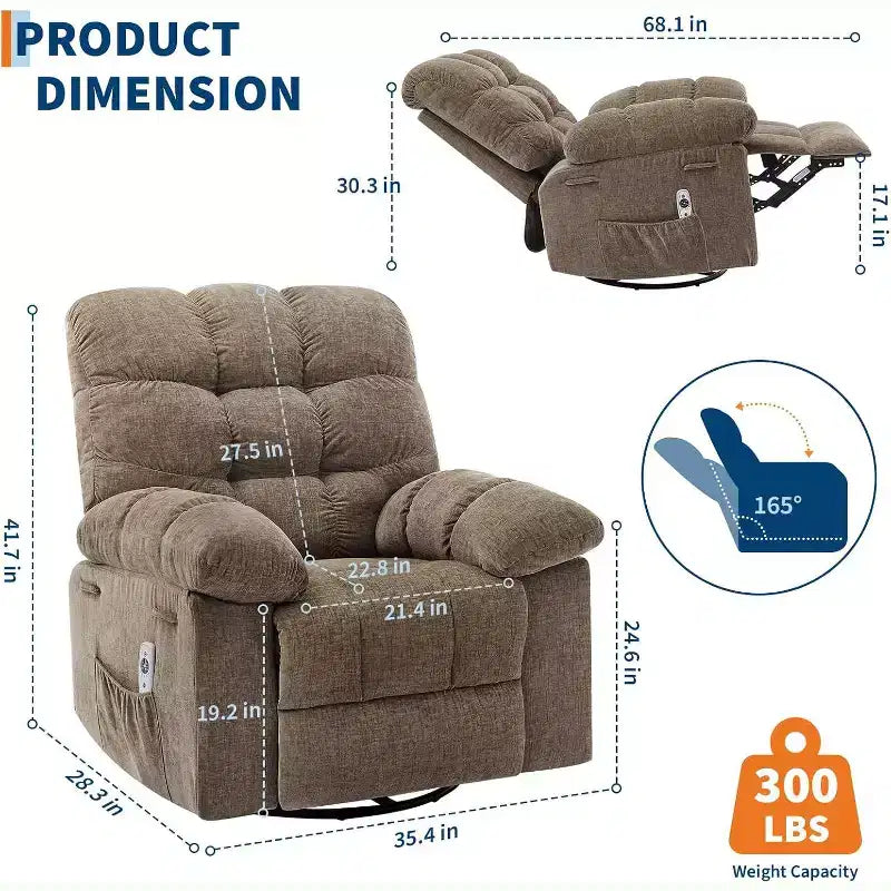 Massage Recliner Chair with Heat - 360 Swivel Rocker, Oversized Single Sofa w/ Vibration, USB & Storage Pockets for Living Room/Bedroom