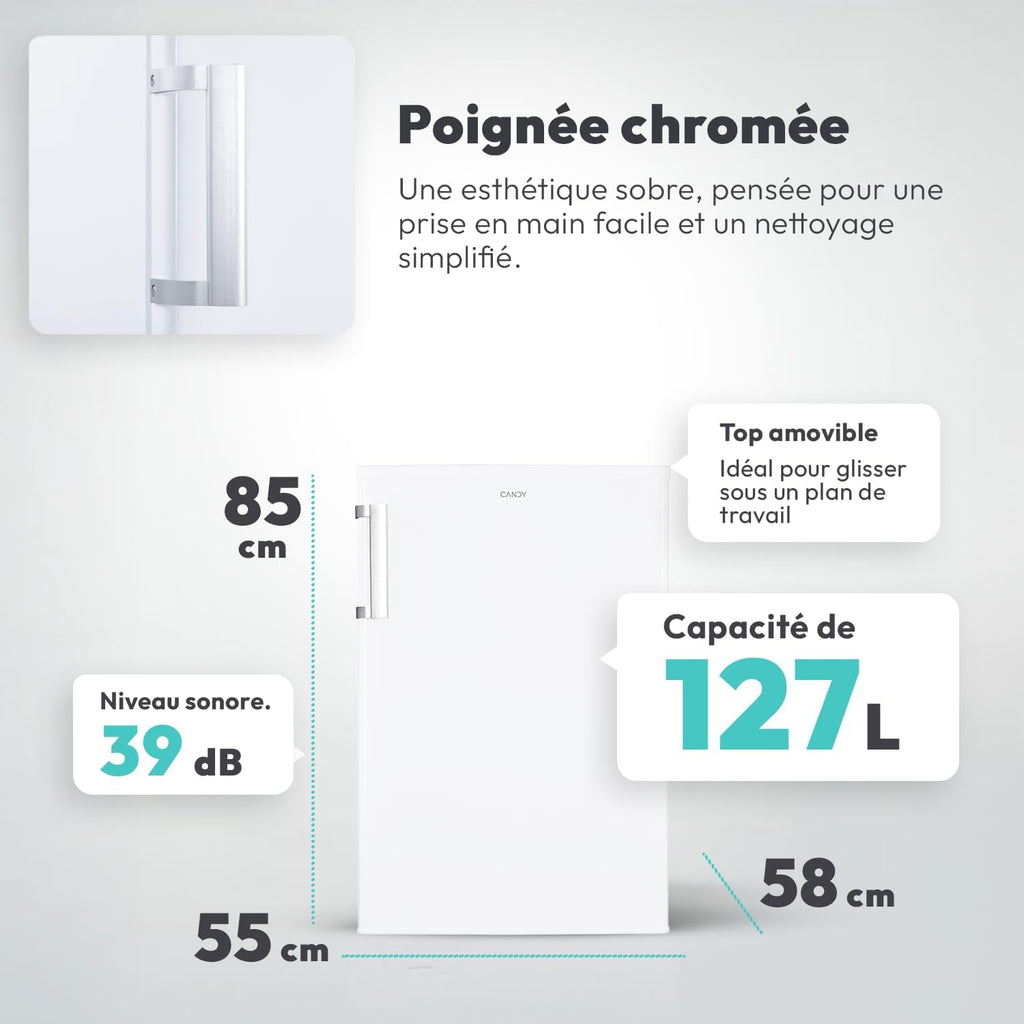 Candy - Mini Réfrigérateur Table Top - 1 Porte - Classe Énergétique E - Froid Statique - Blanc - 127 Litres - 85 x 55 x 58 cm - Modèle CCTLS 544WHN