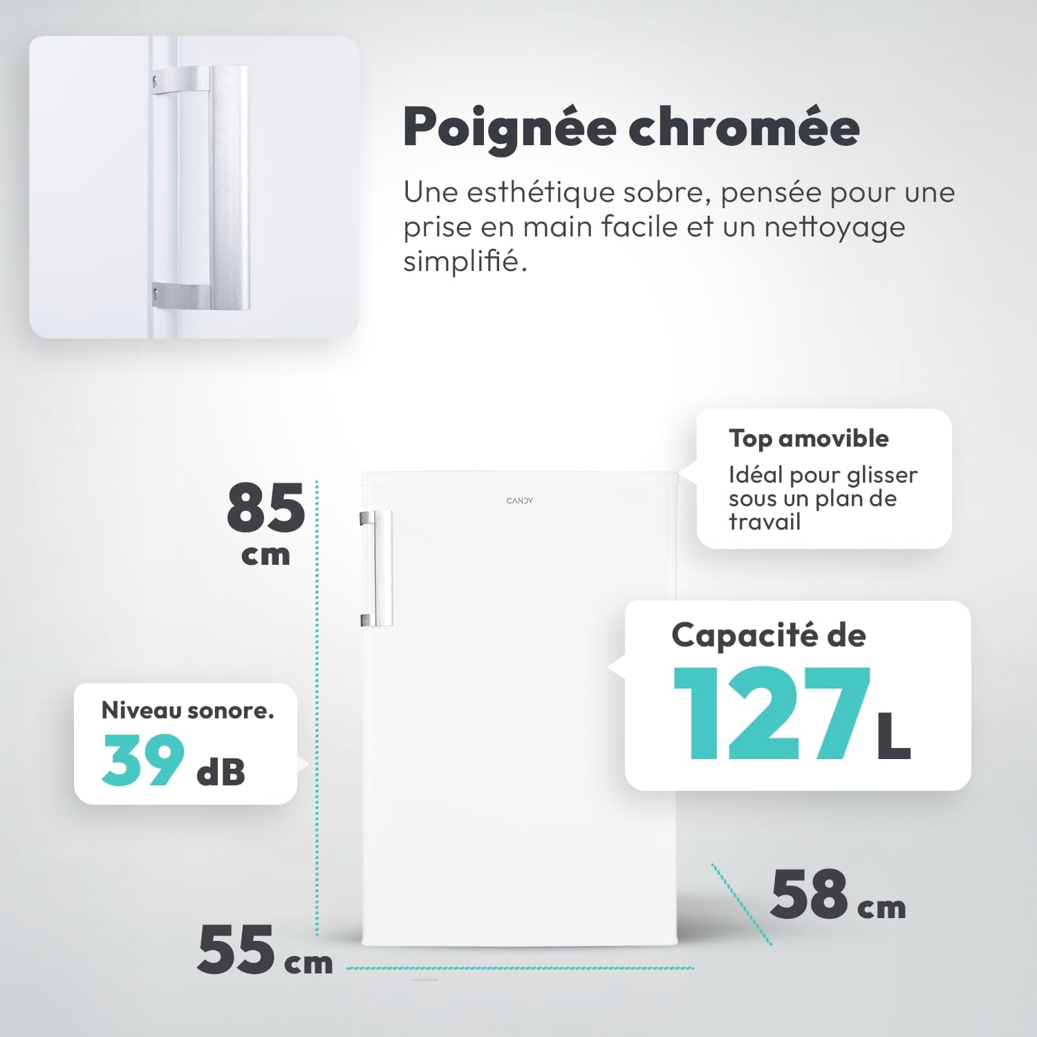 Candy - Mini Réfrigérateur Table Top - 1 Porte - Classe Énergétique E - Froid Statique - Blanc - 127 Litres - 85 x 55 x 58 cm - Modèle CCTLS 544WHN