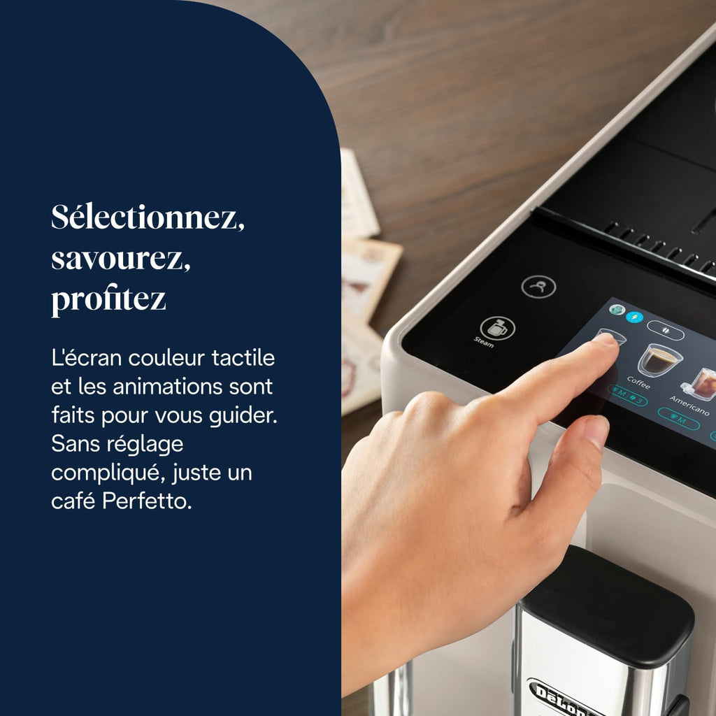 De’Longhi Rivelia - Perfetto Machine à Café Automatique, Mousseur à Lait Classique, 8 Boissons Enregistrées, Écran Tactile Couleur, Réservoir à Grains de Café Interchangeables, Noir (EXAM440.35.BG)