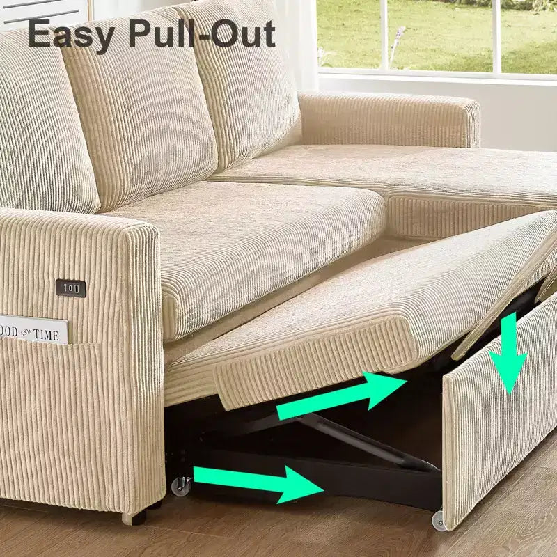 Dyonery 81 Sectional Sleeper Sofa, L-Shaped Pull Out Couch with Reversible Storage Chaise, USB, Reclining Backrest