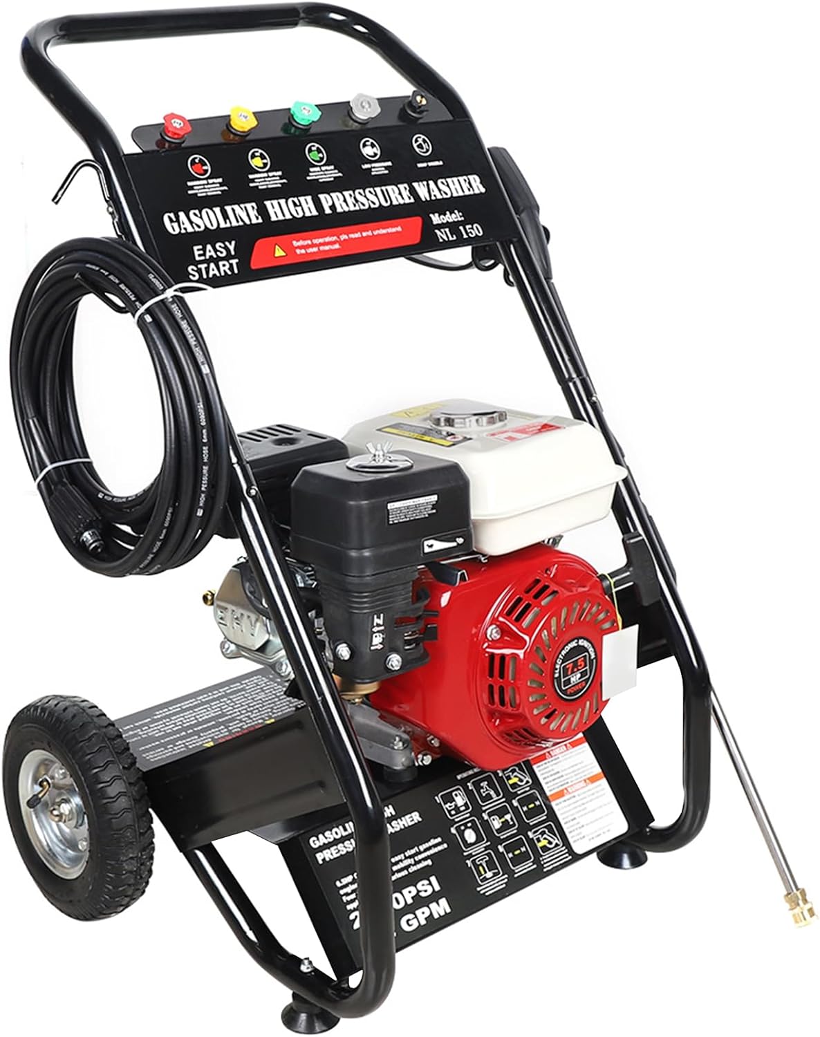 Nettoyeur haute pression thermique à essence 200 bar moteur 4 temps 7,5 HP avec tuyau 10 m et 5 buses